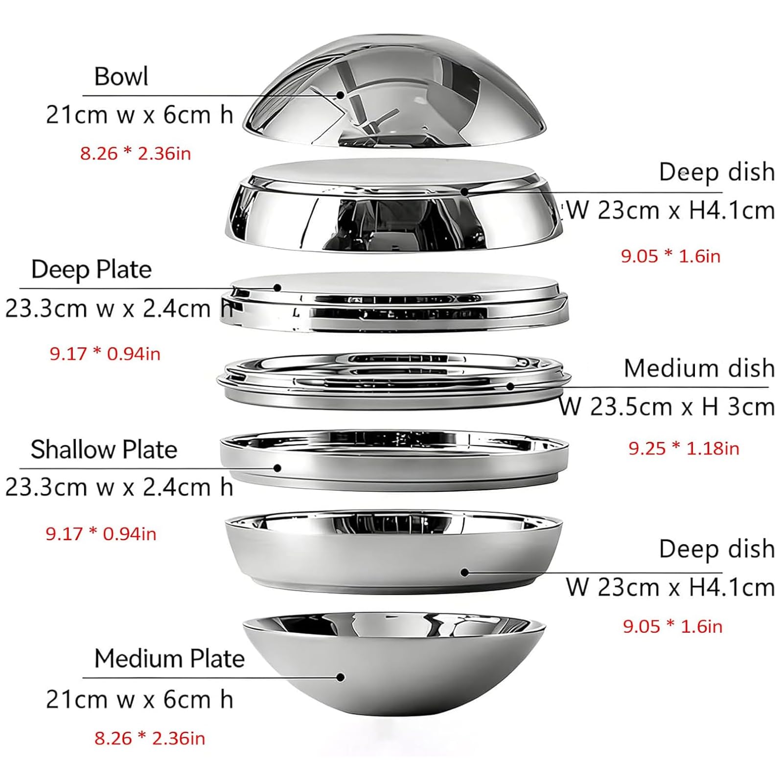 Platos divididos de acero inoxidable, platos esféricos y cuencos, juego completo de cubiertos de 7 piezas, doble capa aislada y resistente al calor, reutilizable, cuencos para servir, para cocina