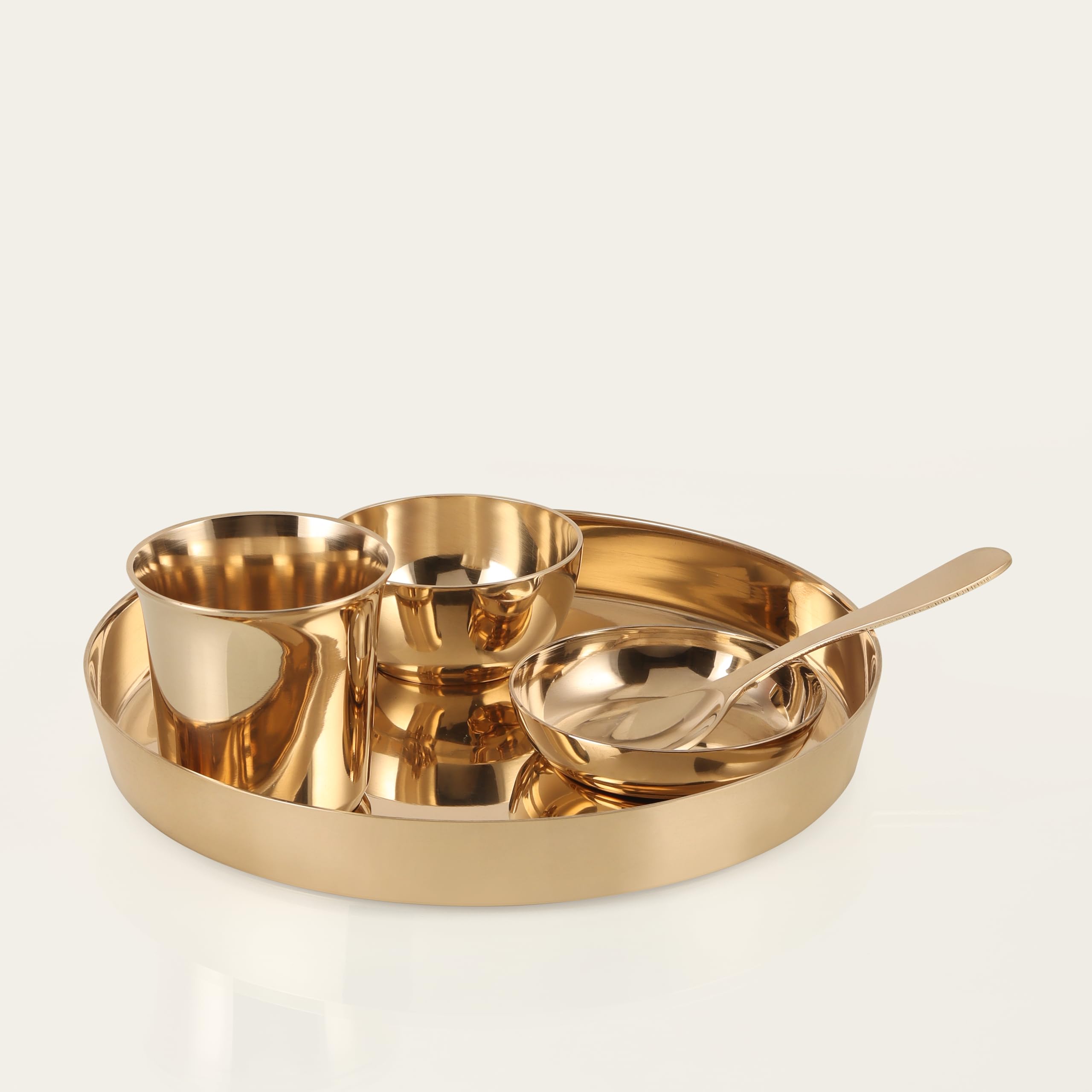 THE HEALING STORE 5-Piece Kansa Solid Dinner Set|Shine Polish Finish|1 (9" Thali),1 Bowls,1 Glass,1 Sweet Dish Plate,1 Spoon | Bronze Kansa Baby Dinner Set 5 (Shine Polish) (Baby Dinner)