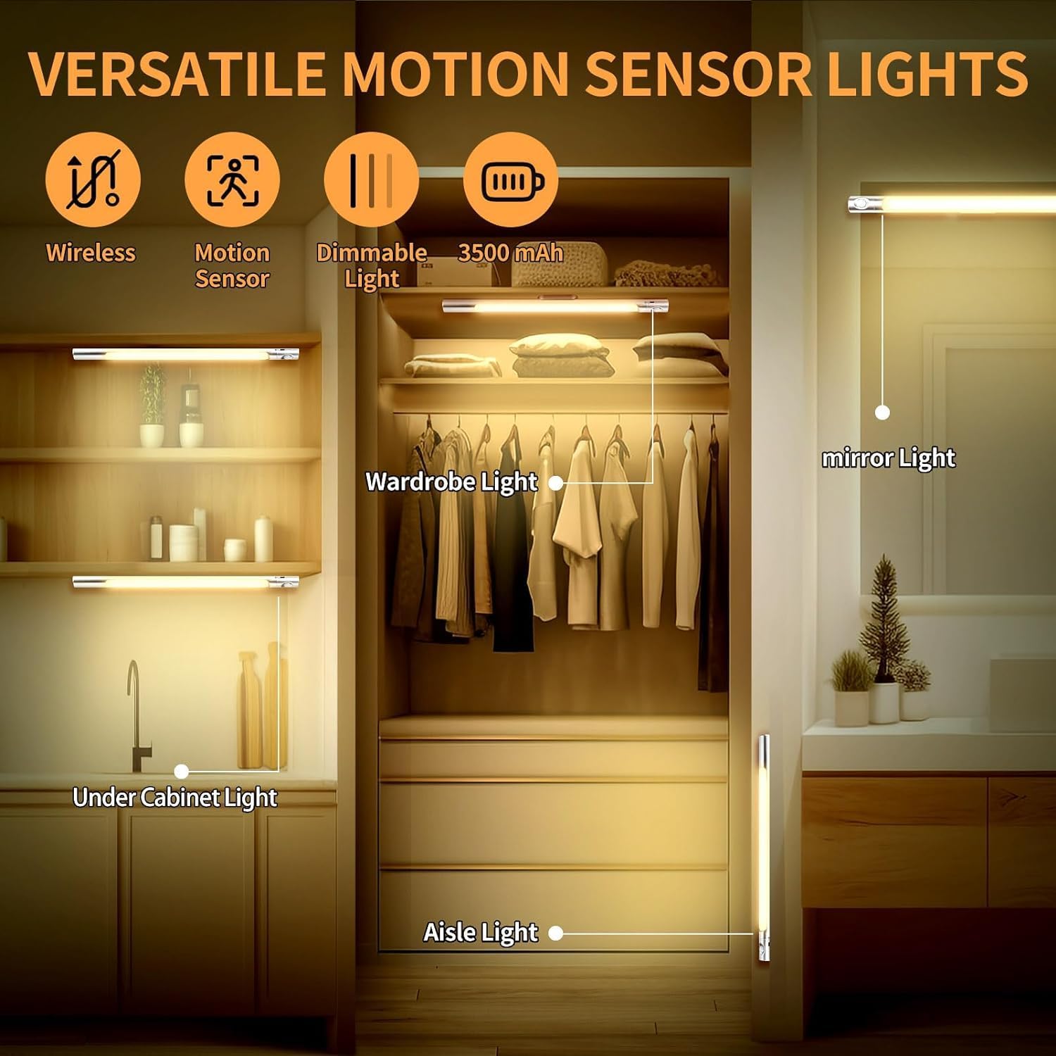 Icons representing wireless, motion sensor, dimmable light, and 3500 mAh battery, with examples of the light used as under cabinet, wardrobe, mirror, and aisle light.