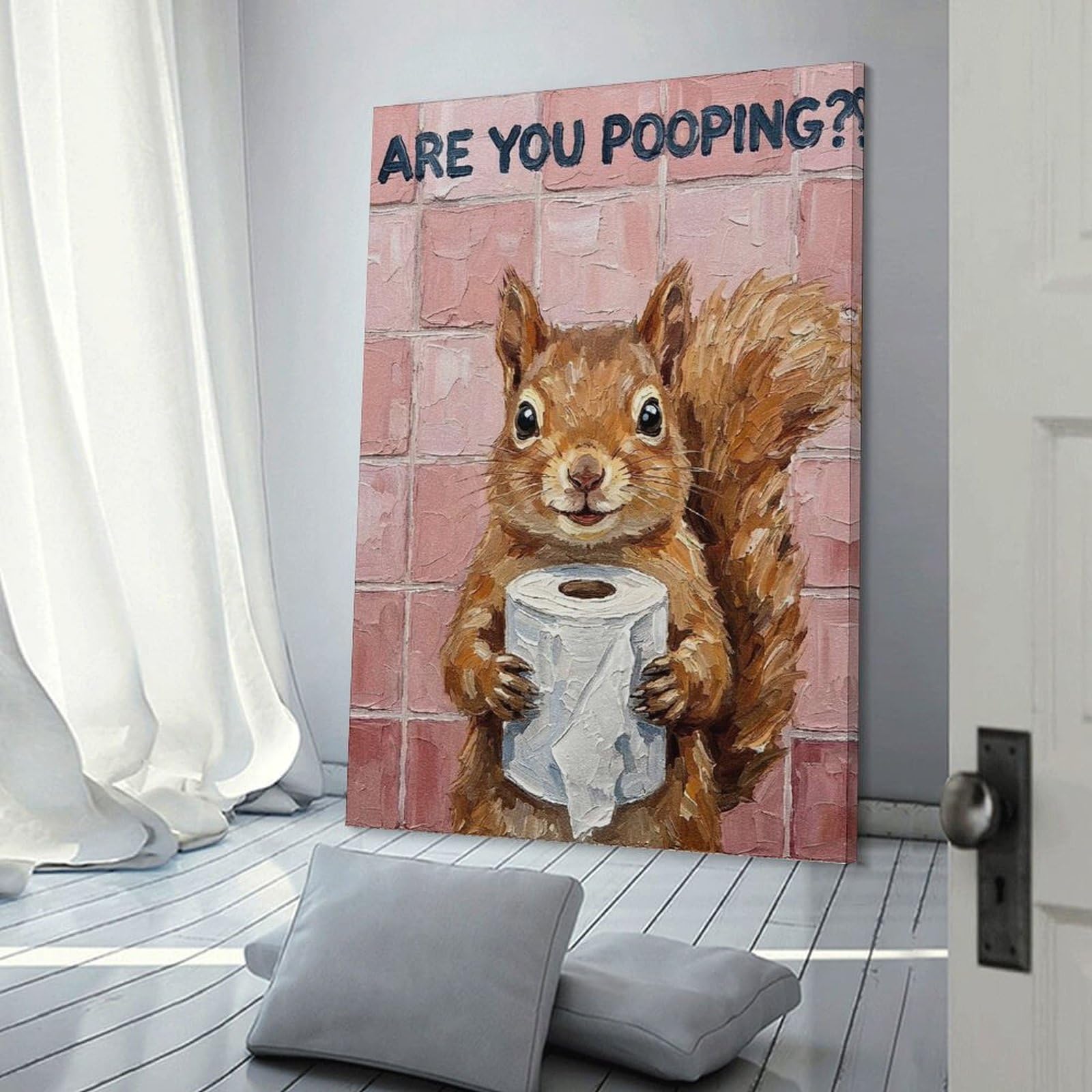 Junmoney Frame-Style-21 Canvas Wall Art Squirrel With Toilet Paper Painting, 20X30inch(50X75cm), For New Homes, Bedrooms Or Workspaces, Canvas Artwork With Gifting Potential