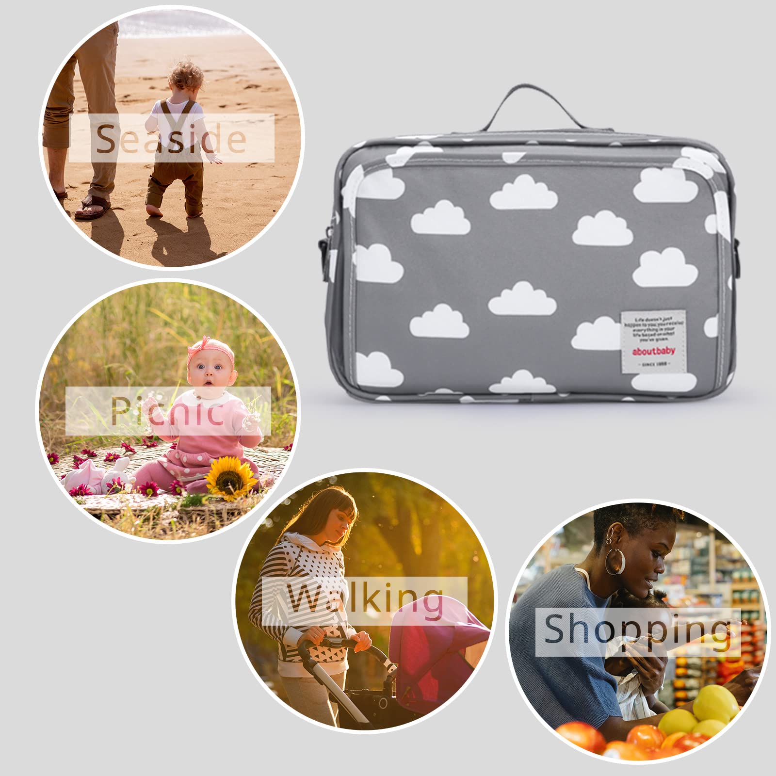Rutschfester Kinderwagen-Organizer für Windeln mit isolierter Tasche, Kinderwagenhaken und verstellbarem Gurt, universell passend für alle Kinderwagen, Grau