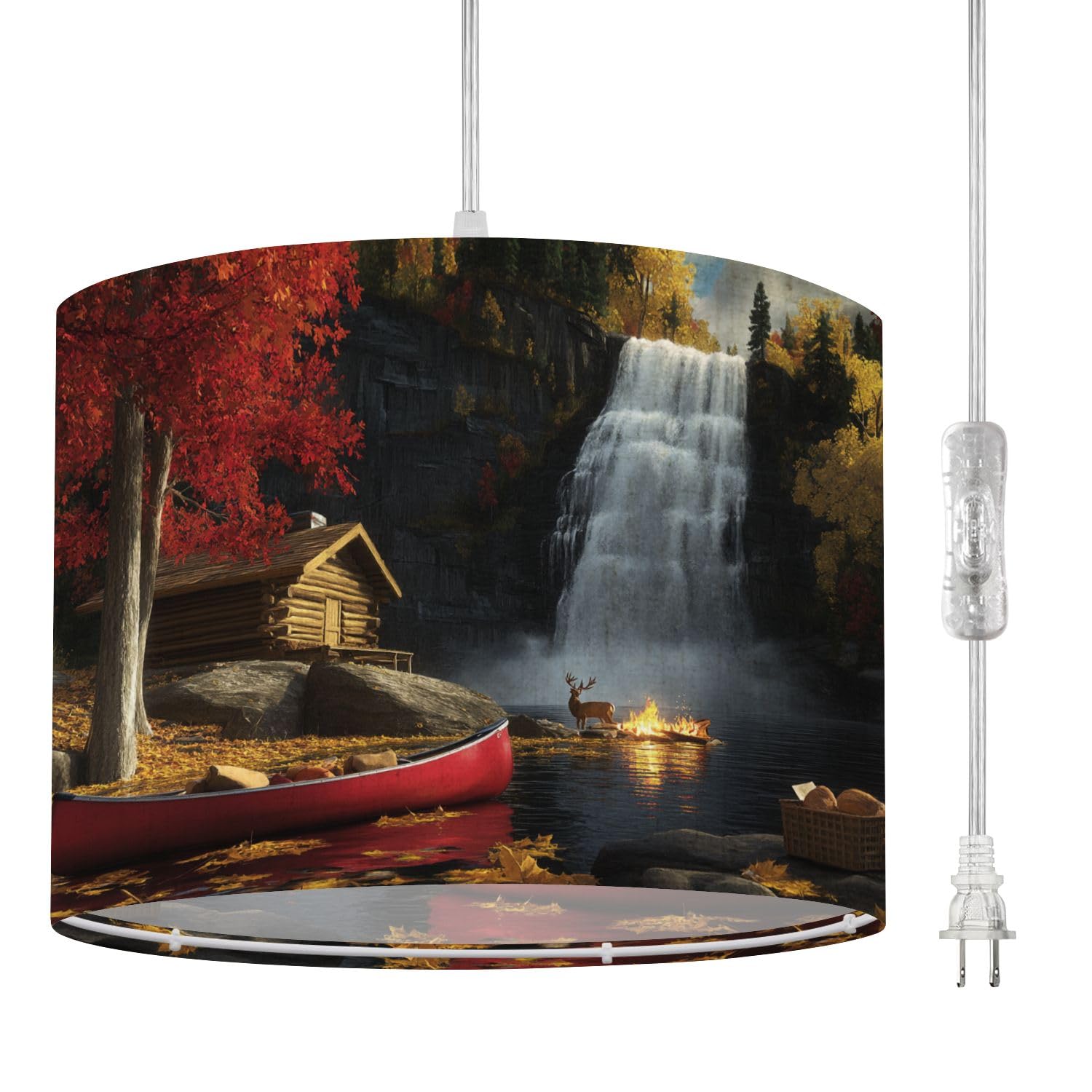 Plug in Pendant Light Waterfall Red Canoe Log Cabin Deer Campfire Realistic Depiction Rich Hanging Light with Plug in Clear Cord Dimmable Switch Linen