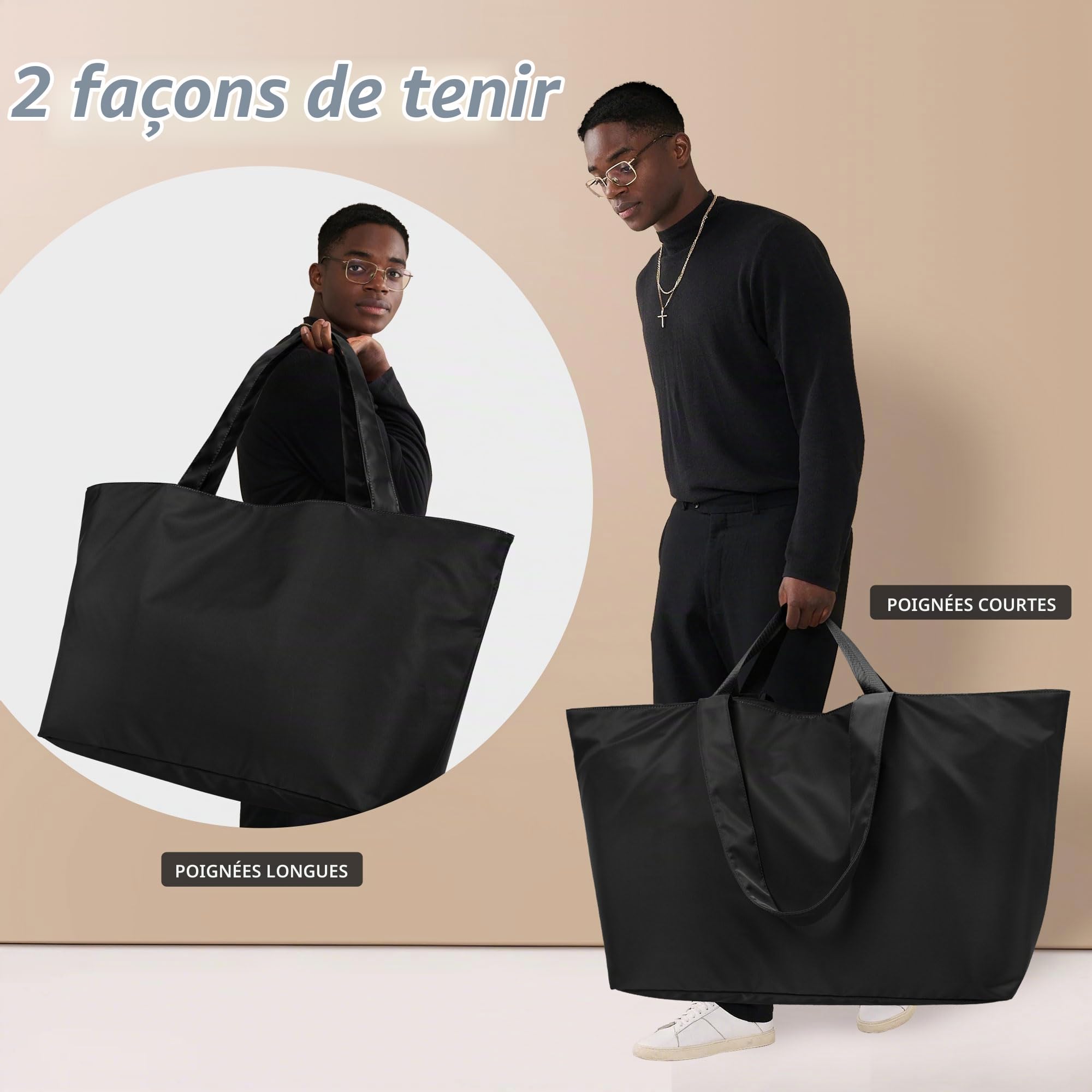 KALIDI Sac de plage extra large avec fermeture éclair 60 l | Sac de transport anti-éclaboussures pliable et léger pour les vacances, les voyages, le shopping, réutilisable