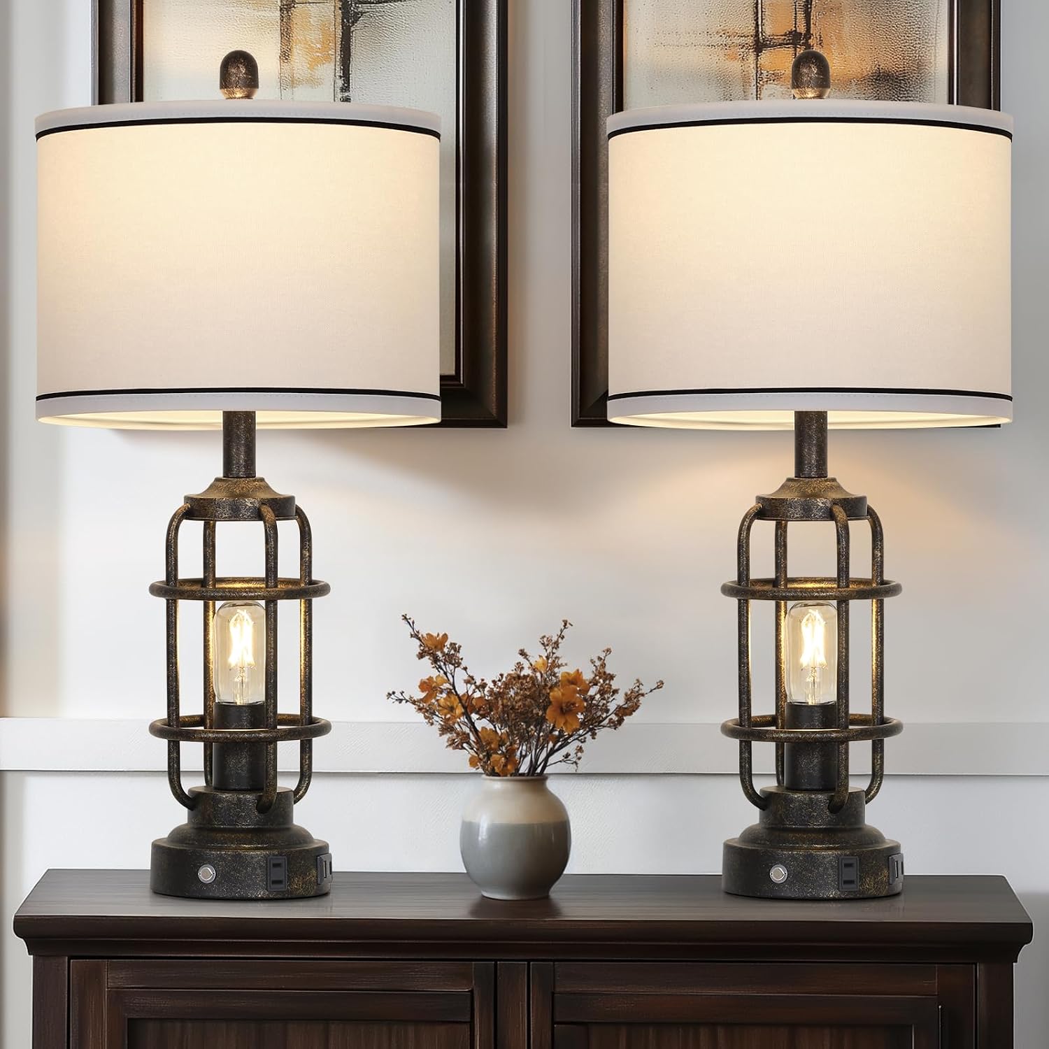 26" Vintage Industrial Table Lamps Set of 2, Farmhouse 3 Way Dimmable Touch Control LED Night Lights Table Lamp with USB A+C Ports & AC Outlet, Rustic Retro Beside Nightstand Lamp for Bedrooms Bronze image 2
