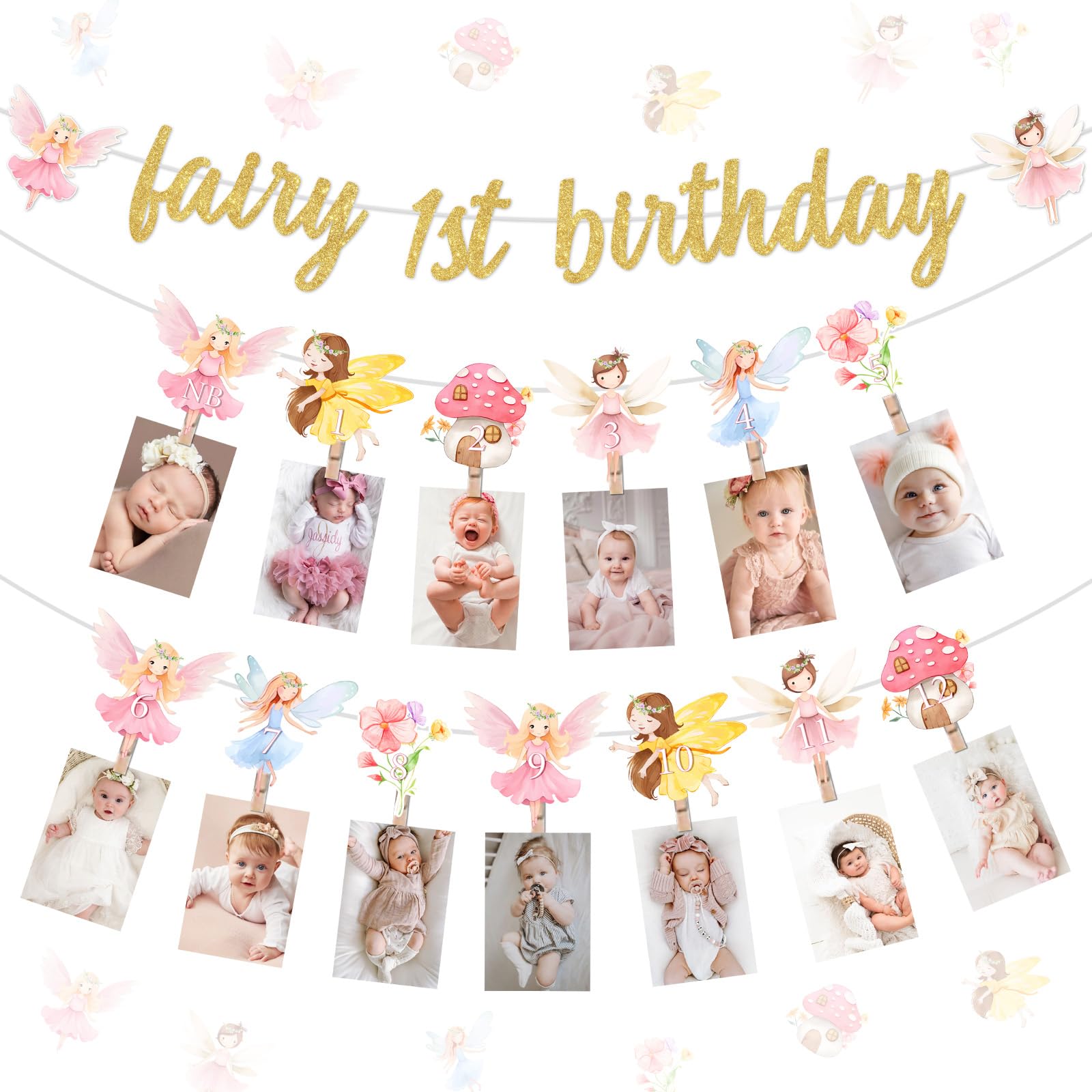 kreat4joy Fairy 1st Birthday Decorations, Pink Floral Fairy First Party Decorations 1st Birthday Banner from Newborn to 12 Months Monthly Photo Banner for My Fairies First Party Supplies