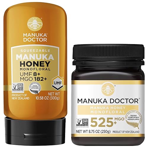 MANUKA DOCTOR - MGO 182+ SQUEEZY y MGO 525+ Manuka Honey Monofloral, 100% pura miel de Nueva Zelanda. Certificado. Garantizado. Crudo. Sin OMG