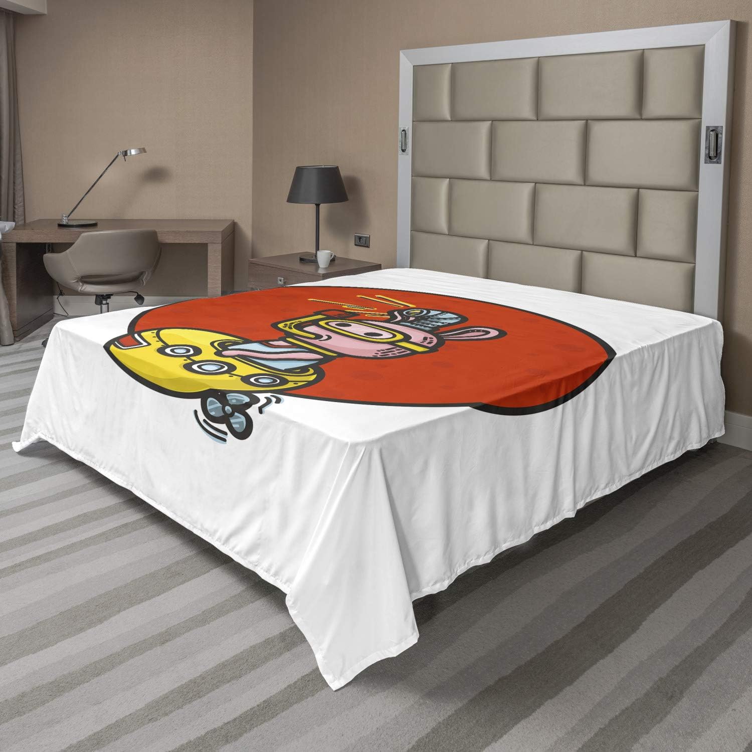 Ambesonne Yellow Submarine Flat Sheet, Little Alien Cartoon in Spaceship Periscope Over Moon Planet, Soft Comfortable Top Sheet Decorative Bedding 1 Piece, Queen Size, White Red