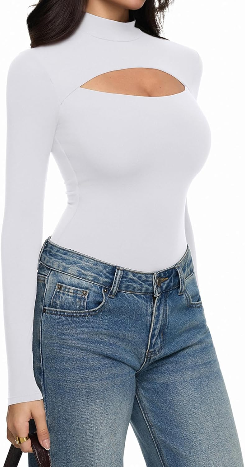 REORIA Women's Mock Neck Cutout Front Bodysuit Trendy Going Out Long Sleeve Body Suits Tops Fall Outfits 2025 - Image 2