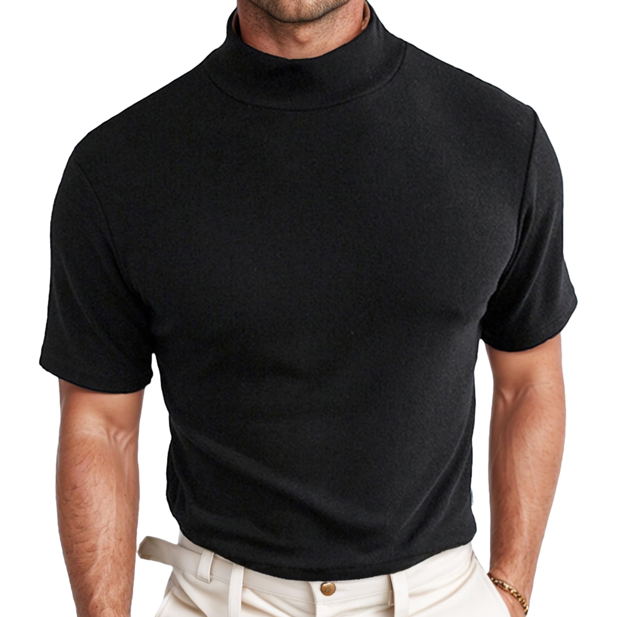 Men Fashion Short Sleeve Turtleneck T Shirt Slim Fit Pullover Top Thermal Shirts-image-9