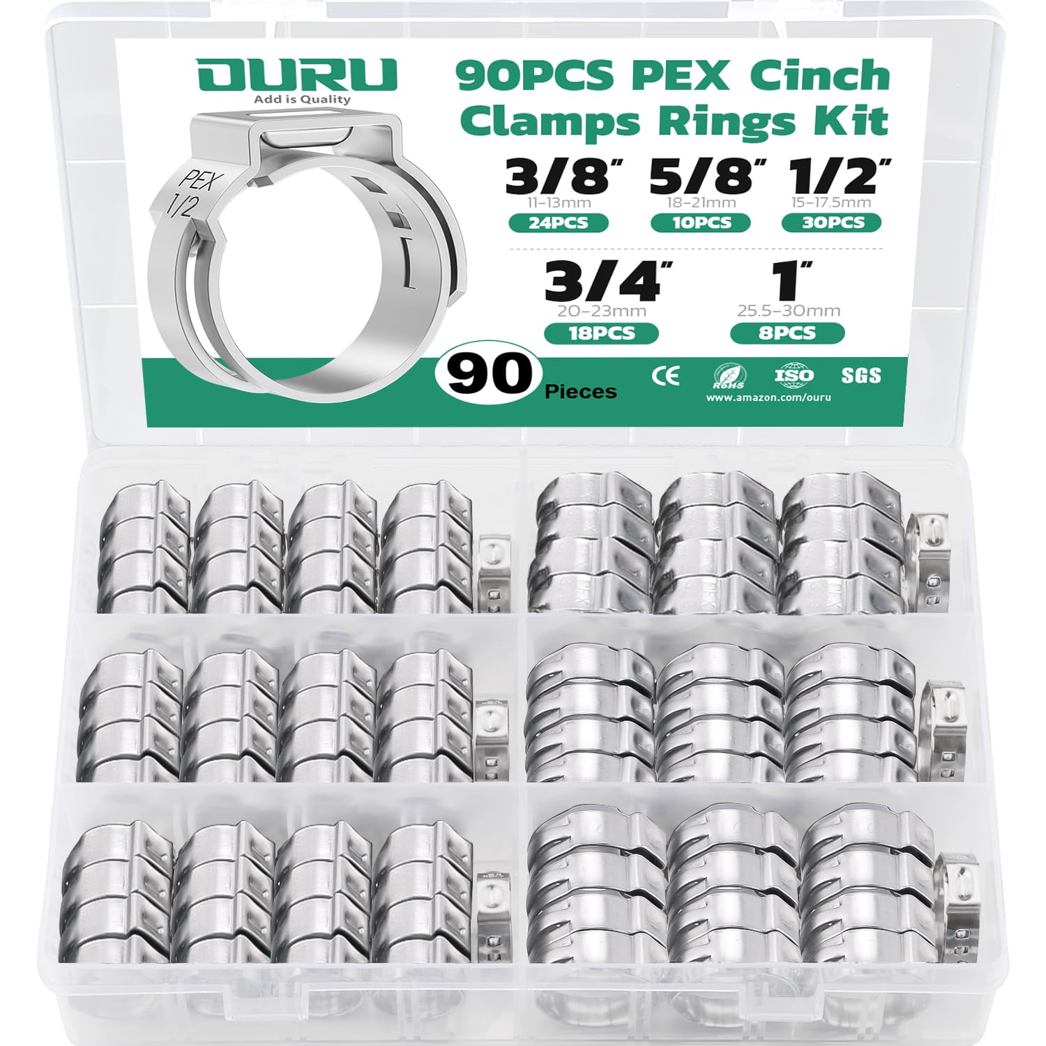 OURU 90PCS Pex Cinch Clamp Rings Assortment Kit, 3/8",1/2",3/4",5/8",1"