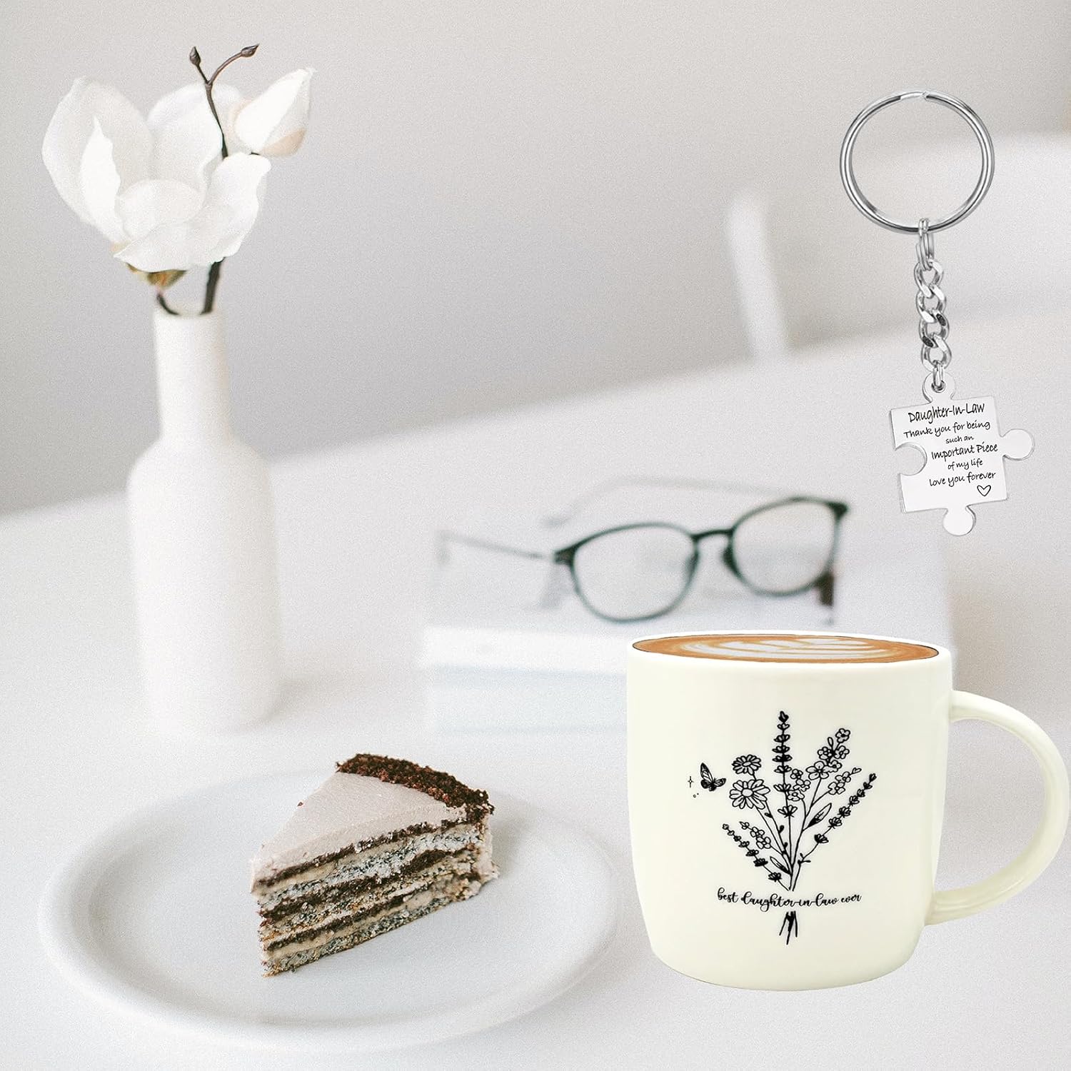 Best Daughter-in-Law Ever Mug Flower 12 Ounce Ceramic with Keychain, Gifts for Future New Daughter In Law from Mother in Law Birthday Christmas Mother's Day - Image 9