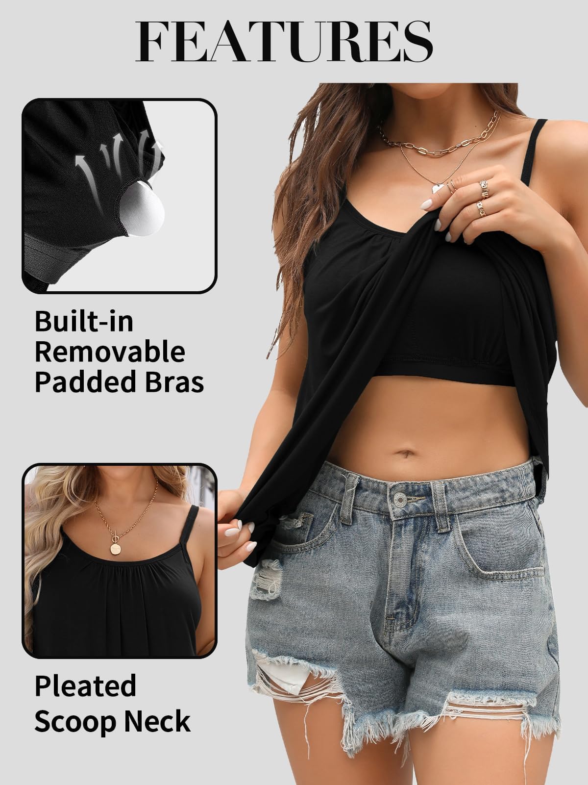 Charmo Top Damen Sommer mit Integriertem BH Oberteile Spaghettiträger Tank Top ärmellose Shirts Rundhalsausschnitt Cami Bluse