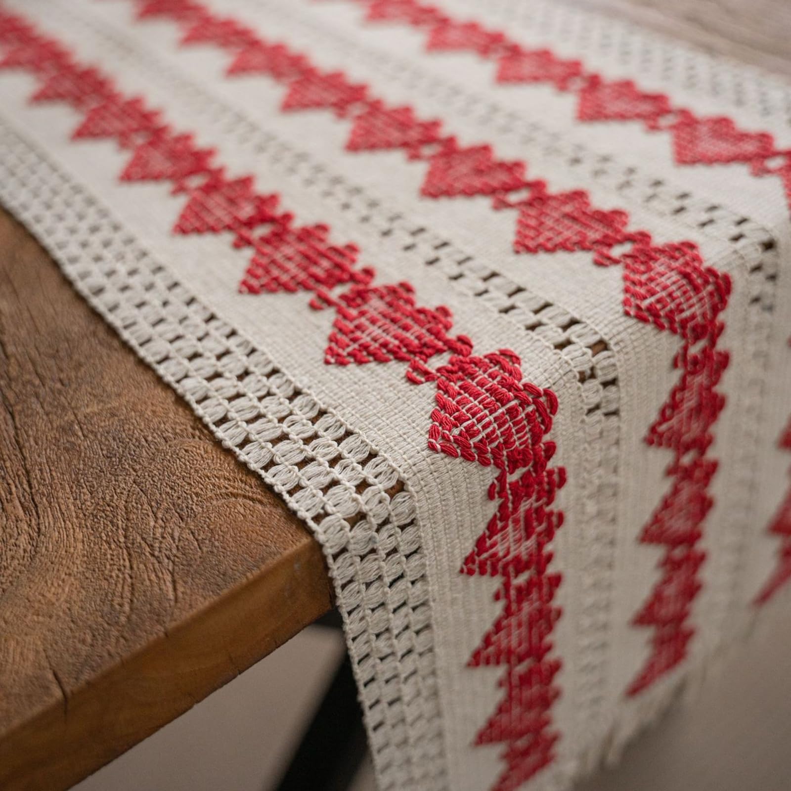 Tischläufer Baumwollleinen Wohnzimmer, Tischläufer Modern 30x275 cm, Gewebtes Rotes Herzmuster mit Quasten