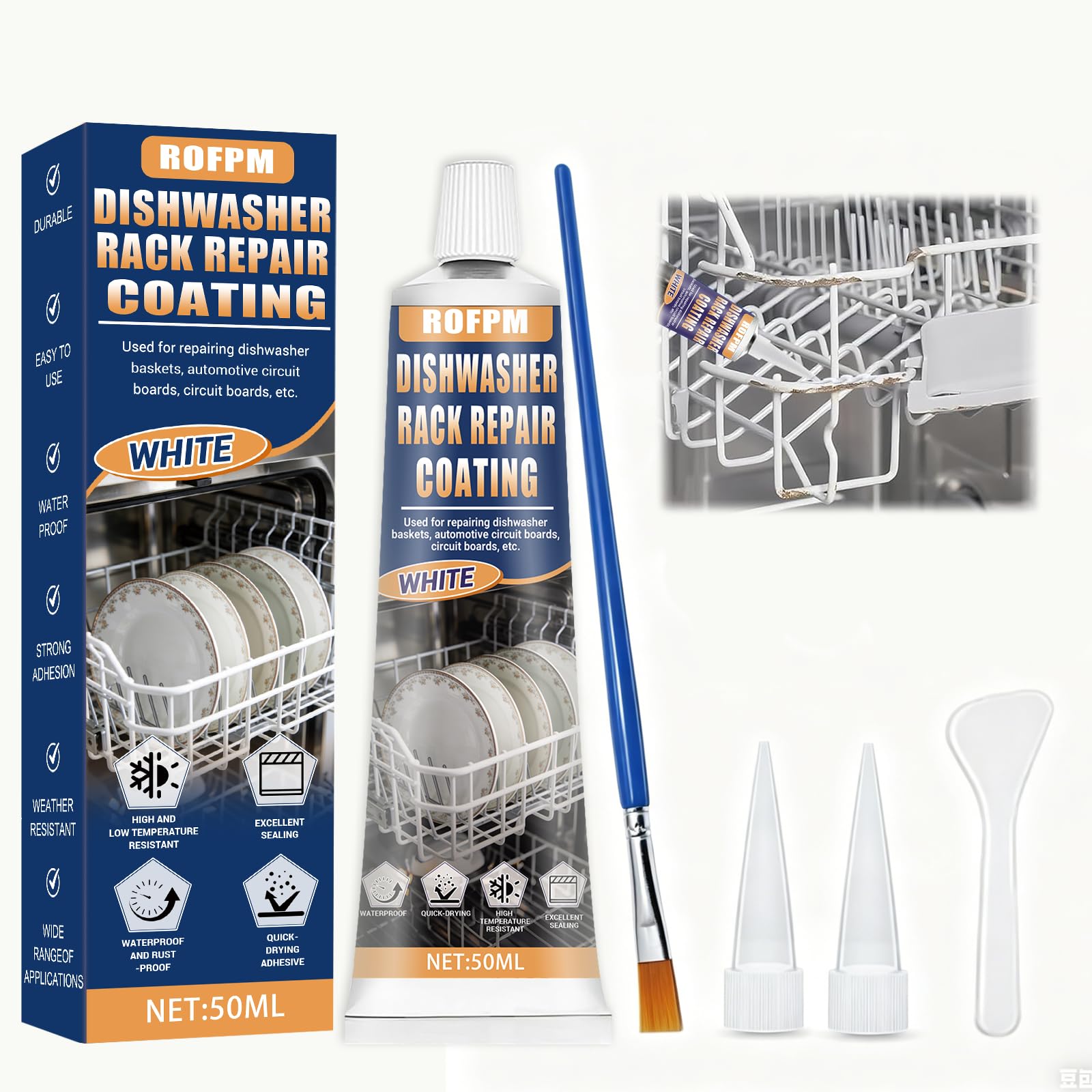 Zestaw naprawczy do kosza do zmywarki, biały guma w płynie, wodoodporny klej porcelanowy, szybkoschnący, odporny na wysoką temperaturę, specjalnie zaprojektowany do naprawy koszy zmywarki, 50 ml