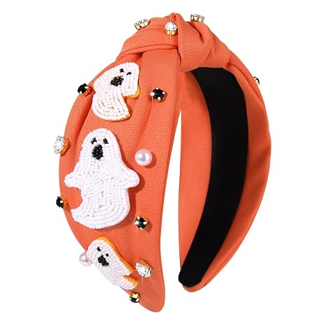 boderier Halloween Headband Beaded Pumpkin Skull Knotted Headband Pearl Crystal Embellished Wide Hair Accessories (Ghost)