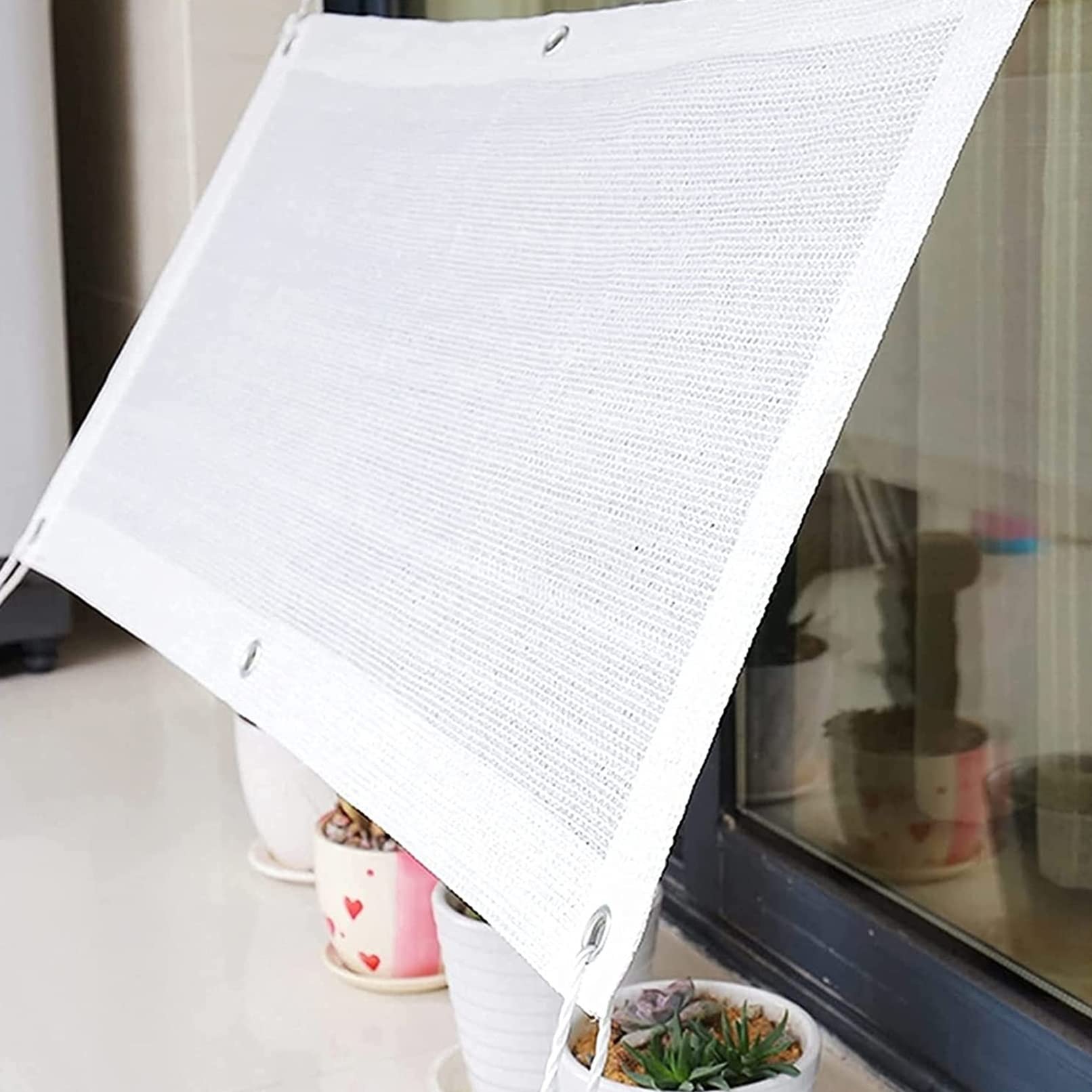Zewnętrzna osłona przeciwsłoneczna 0,6 x 9 m z linką i aluminiowymi przelotkami do ogrodu, balkonu, biała - idealna na patio i taras
