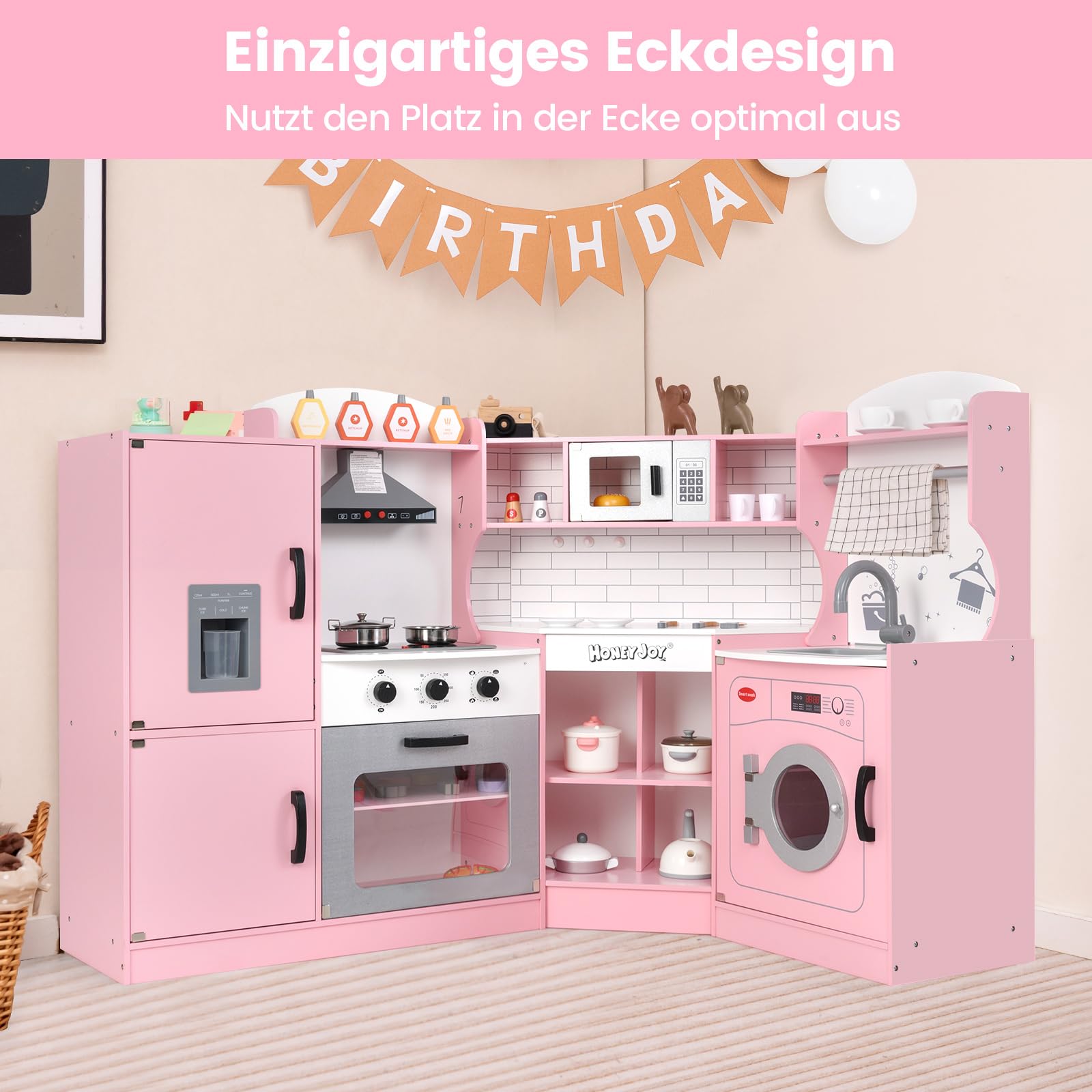 COSTWAY Kinderküche Eck, Spielküche mit Licht & Sound, Kinderspielküche mit Spüle, Eismaschine, Backofen & Kochgeschirr, Holzküche Spielzeugküche für Kinder ab 3 Jahren (Rosa)