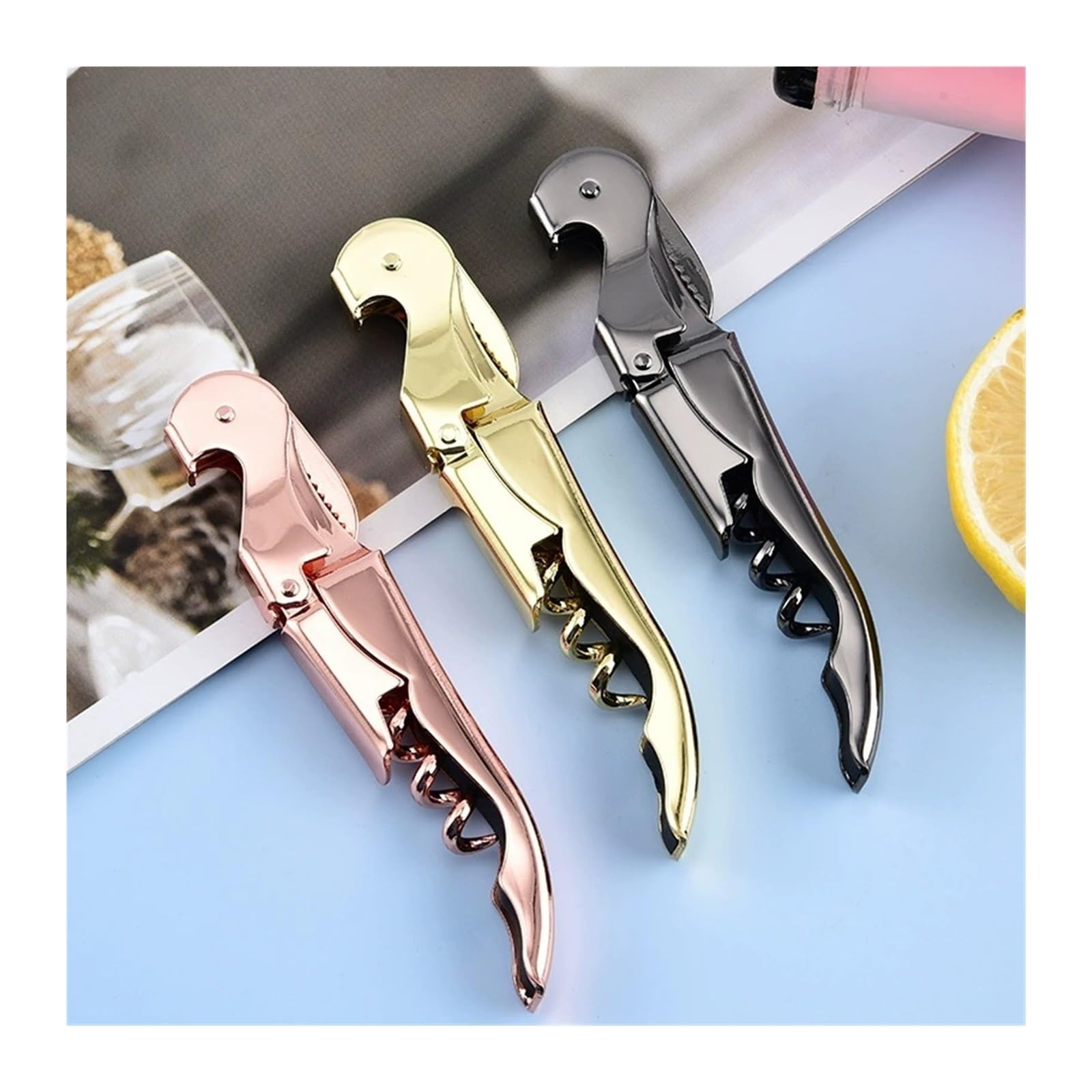 Sacacorchos de camarero profesional: cuchillo dentado, cuello grueso, punto apoyo con doble bisagra y tornillo más for abrir fácilmente el vino(Rose Gold)