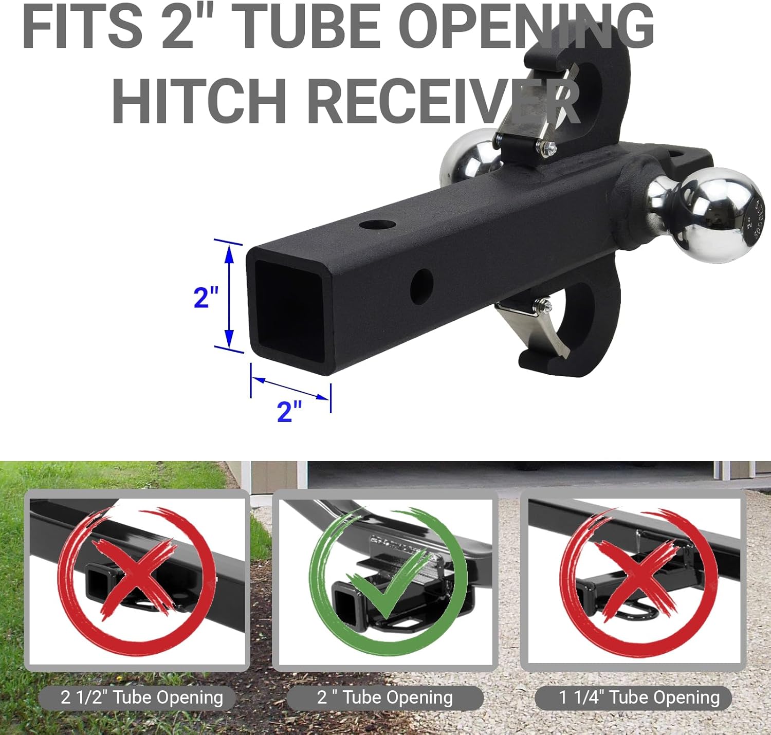 Tri-Ball Trailer Hitch Mount with Tow Shackle & Hooks, Fits 2-Inch Receiver, Includes 2" and 2-5/16" Ball and Removeable 1-7/8" Hitch Ball, Matte Black for Trucks, SUVs, RVs