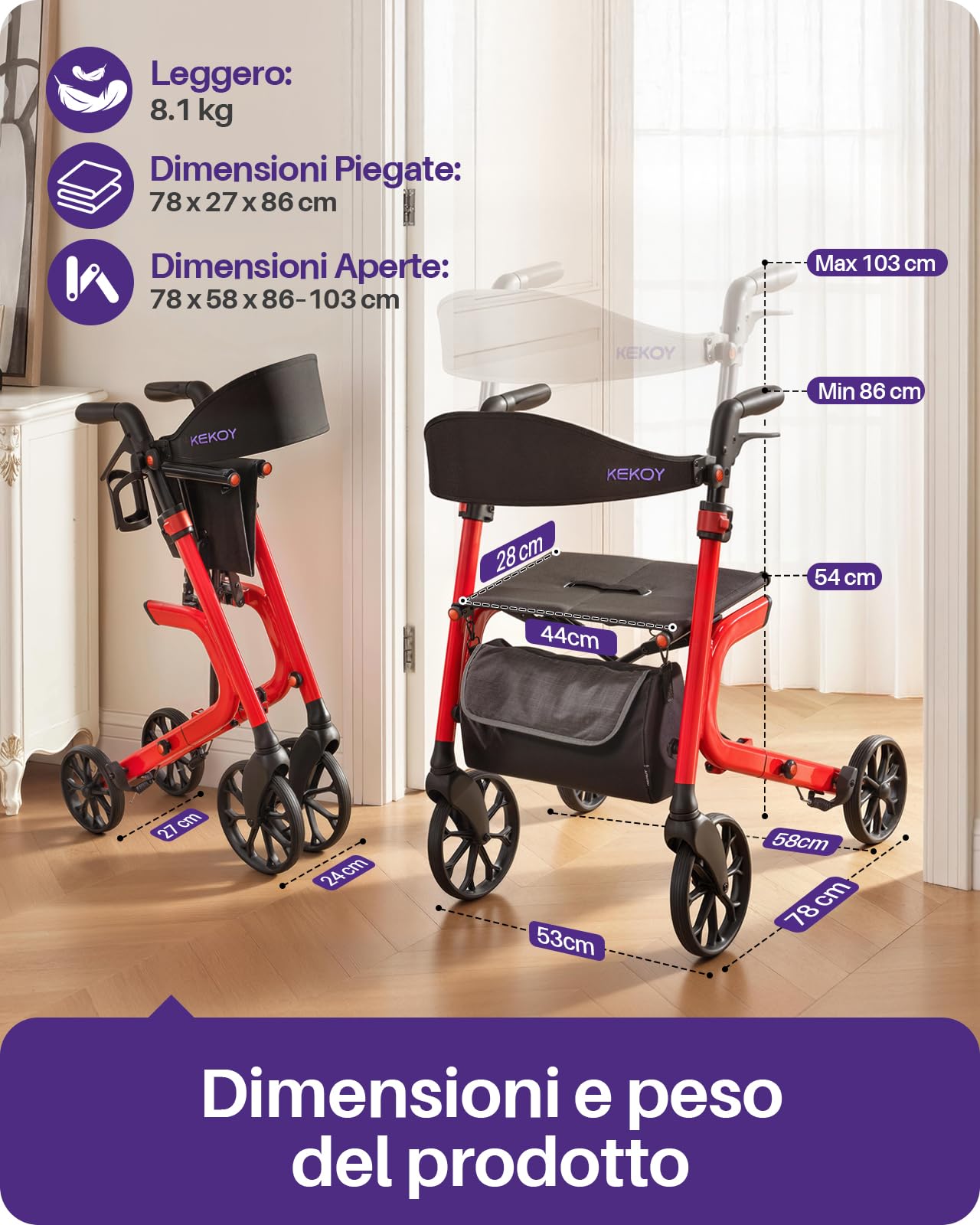 Kekoy Deambulatore per Anziani 4 Ruote con Seduta, Pieghevole, 181 kg Portata, Sedile 44 cm Largo, Ruote 25 cm Per Tutti I Terreni, Altezza Regolabile, Freni con Cavi Nascosti, Portaoggetti, Rosso