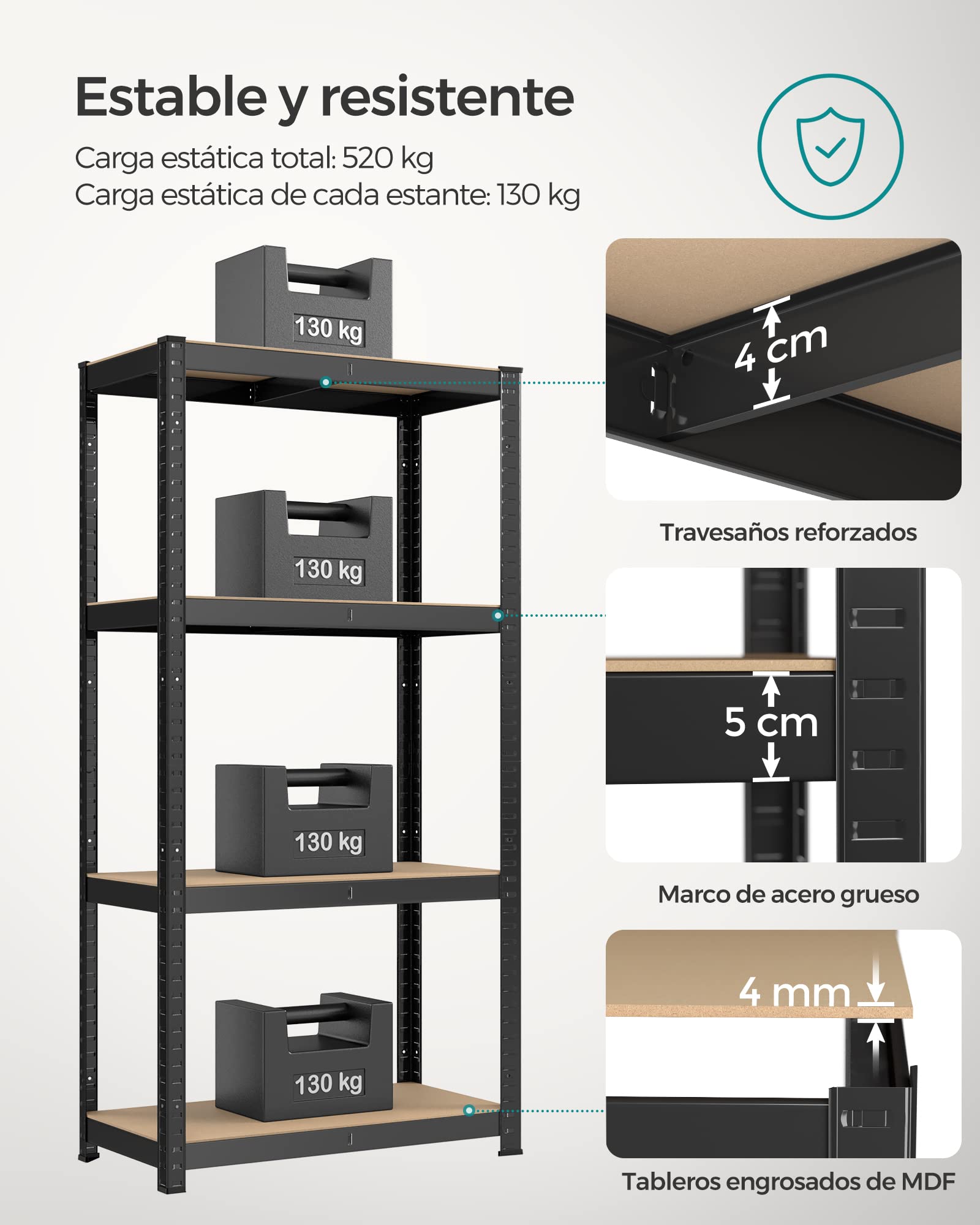 SONGMICS Juego de 2, Estantería Pesada, Estantería de Acero, Montaje Rápido, para Instrumentos, Garaje, Almacén, Trastero, Carga de 520 kg, 40 x 80 x 160 cm, Negro GLR044B02