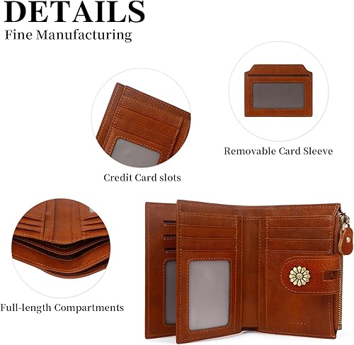 Miniatura 8 de Cartera de cuero con doble pliegue para mujer, bloqueo RFID, tarjetero compacto, cartera pequeña con ventana para identificación extraíble, A1-