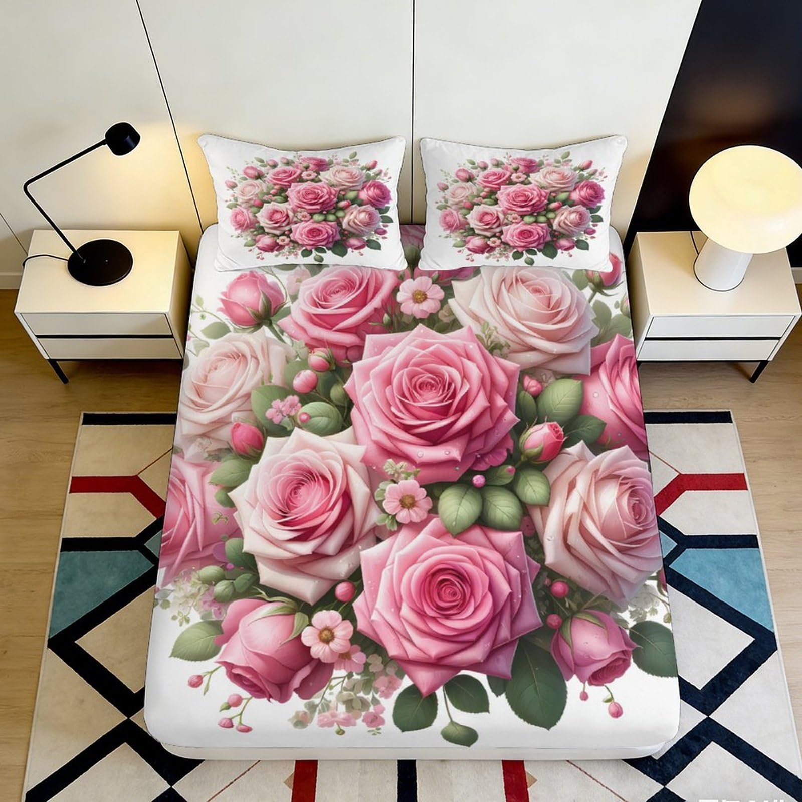 Qjzxknhpgr Style-4 3D Printed Pink Rose Fitted Sheet Microfiber Soft Breathable Floral Blossom Mattress Cover For Bedroom Guest Room Decor 90X200x25cm