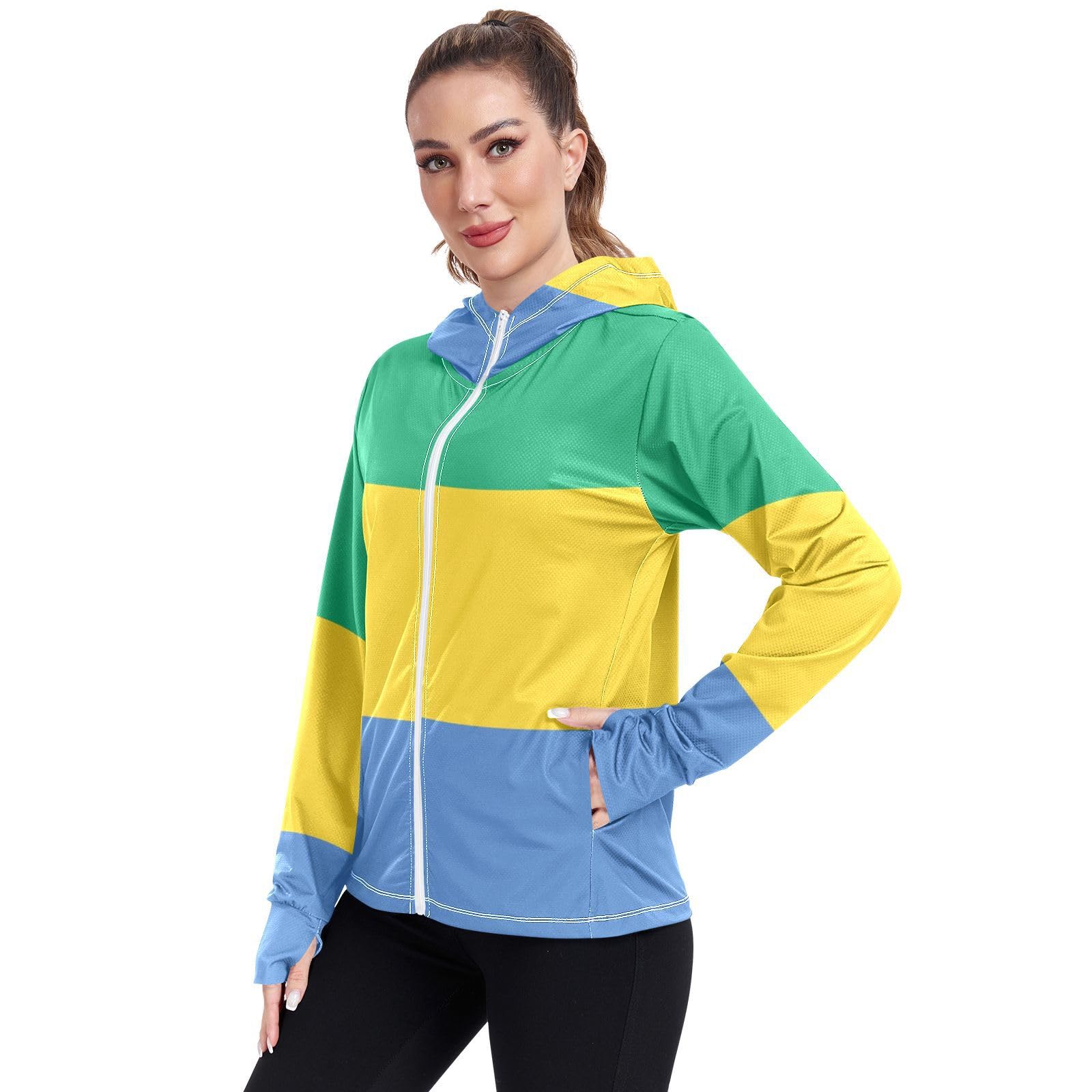 Gabon Flag Womens UPF 50+ Sun Protection Hoodie Jacket Lightweight Long Sleeve Sun Shirt with Pocket Multicoloured