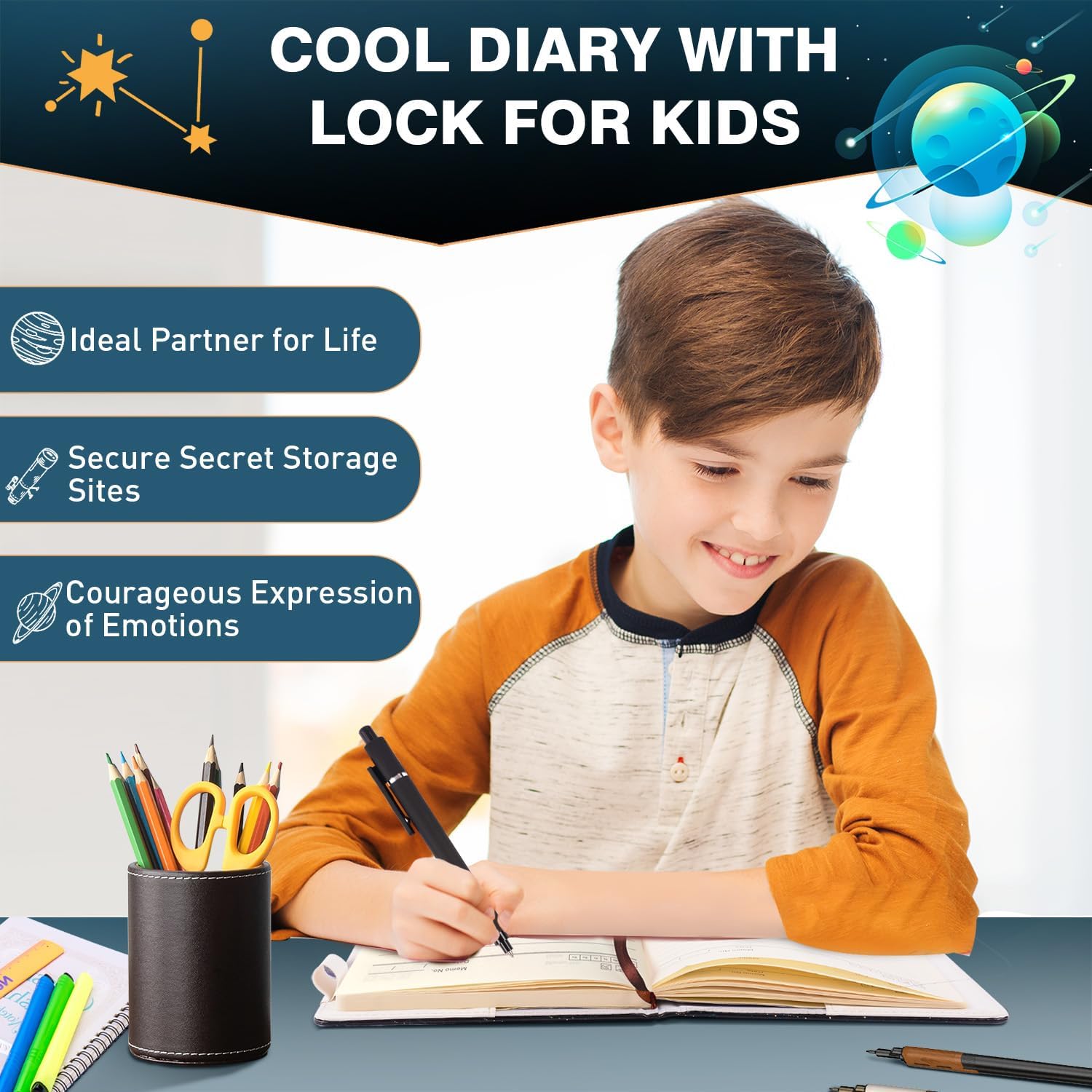 Diary with Lock for Boys, 192 Pages Kids Travel Journal with Pen, Birthday Gifts for Teen Boys 8-18, A5 Securely Guard Secrets Journal with Lock, Back to School Christmas Gifts for 10 11 12 13 14 15 Teenage Boy - Image 3