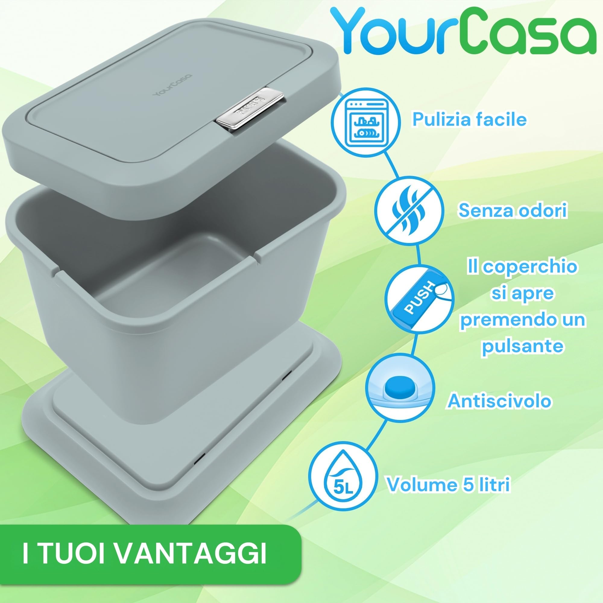 YourCasa - Pattumiera biometrica da cucina, 5 l, coperchio con meccanismo a pressione pulsante, secchio per compost per tutti i giorni, contenitore per rifiuti biologici, inodore, per piccoli