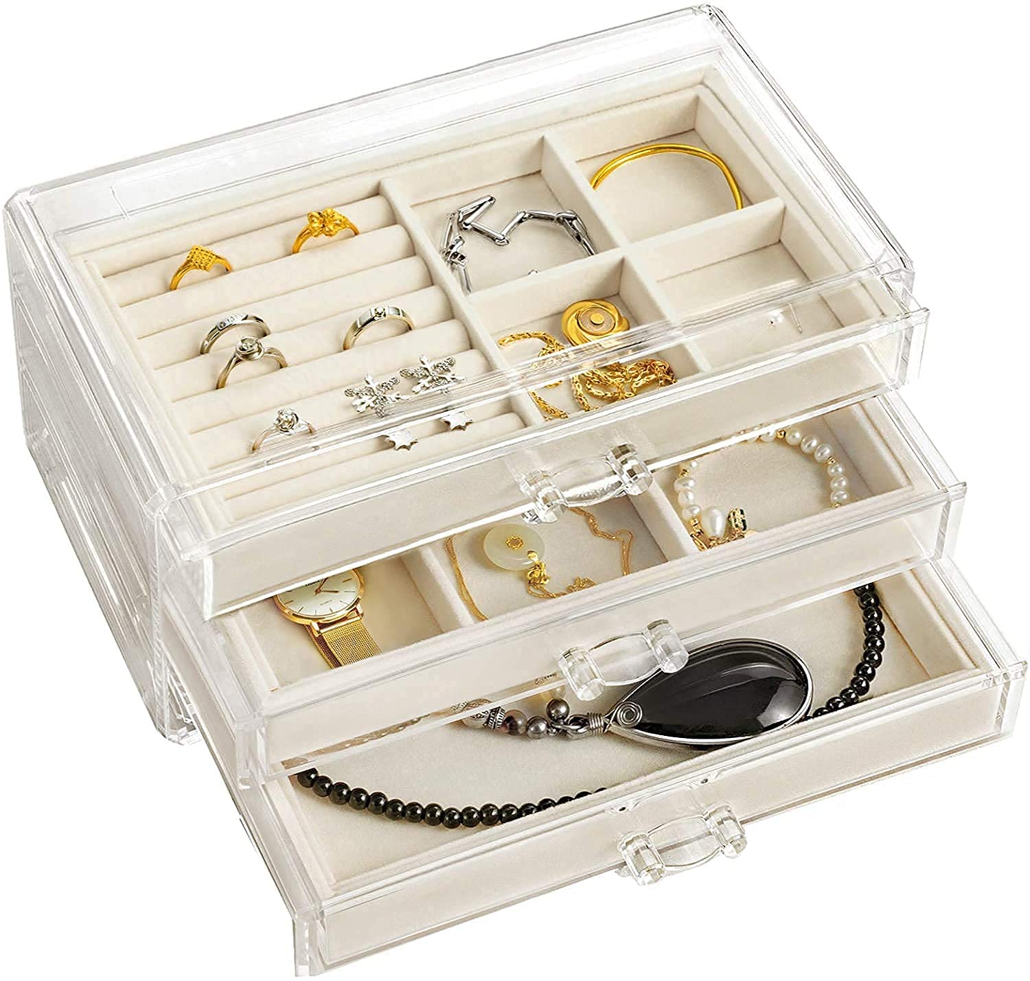 UWEREBFM Jewellery box, clear acrylic jewellery storage case with 3 drawers, velvet jewellery organiser, jewellery box, women's adjustable jewellery box simple and portable