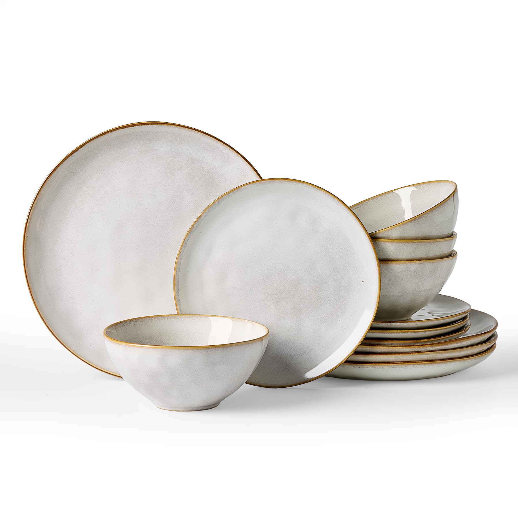 famiware dinnerware sets for 4, ocean round 12-piece kitchen plates and bowls sets, reactive glaze, microwave and dishwasher safe, scratch resistant, cappuccino white