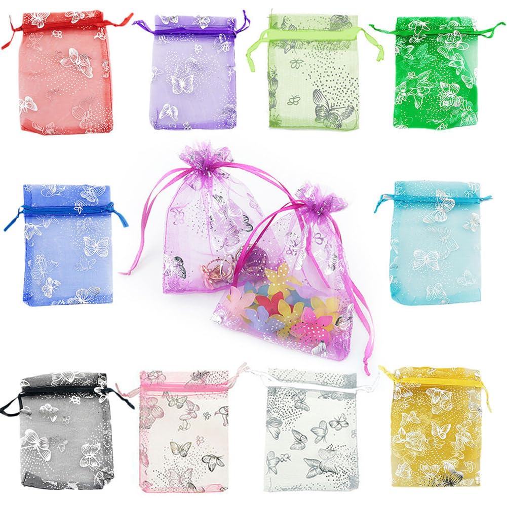 50 Stück Organzasäckchen mit Kordelzug 10×12cm Organzabeutel Schmetterling Muster Organza Geschenkbeutel Tüll Schmuckbeutel Geschenksäckchen für Schmuck Kosmetik Süßigkeiten Mischfarben