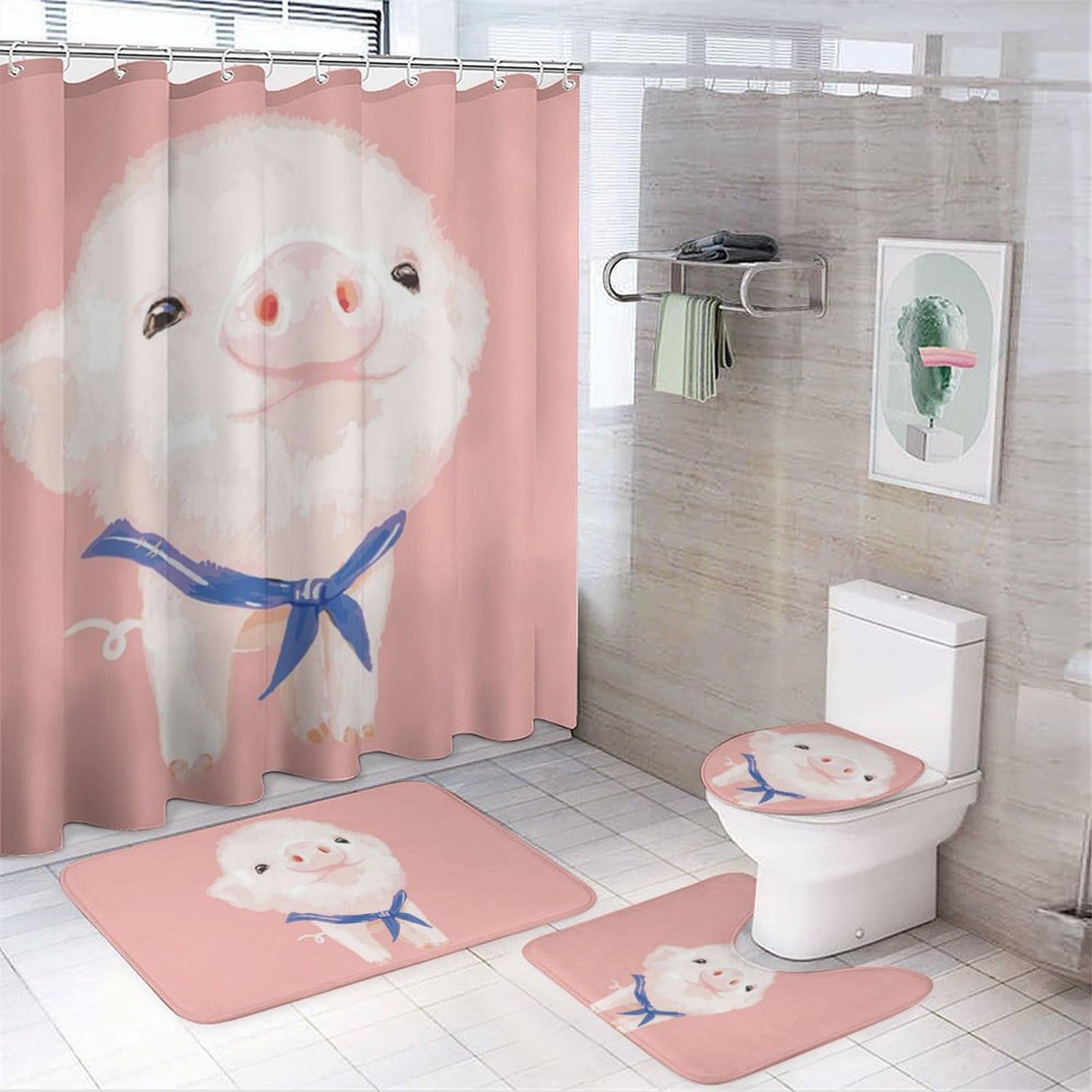JiuPopular Bathroom Mat Set 4 Piece, Pink Pig Shower Curtain with Non-Slip Bath Mats for Bathroom