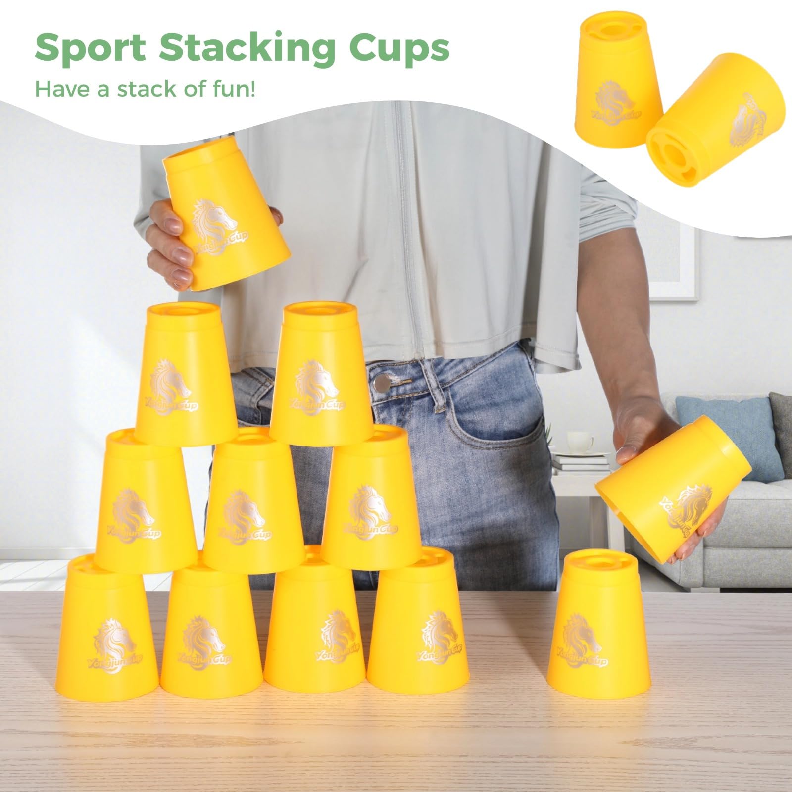LUMINFLY 48 Sport Stacking Cups, Horse Design, Speed Training Challenge Set for All Ages, Colorful Stacking Cups in Red, Blue, Green, Yellow