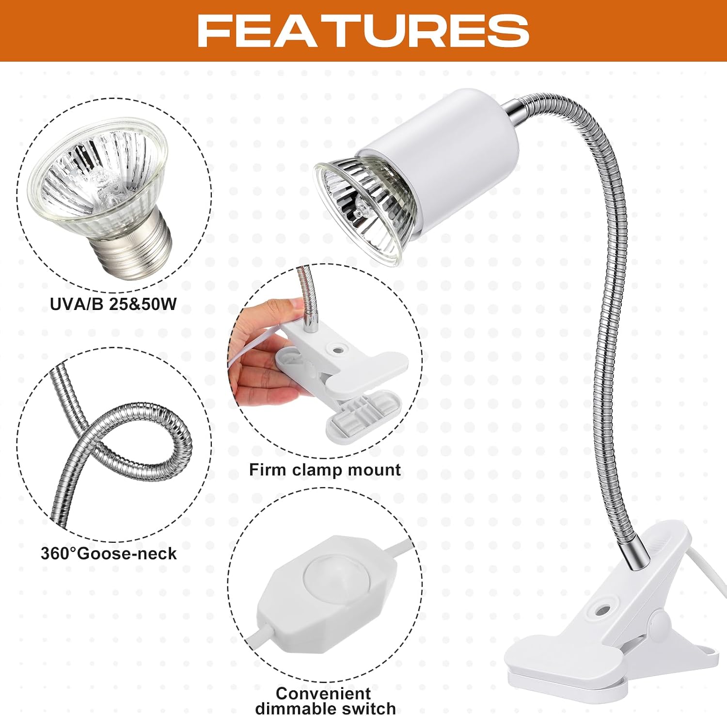 3 Set Reptile Heat Lamp UVA/UVB Turtle Heat Lamp Holder Fixture Clamp Basking Spot Adjustable 50w Full Spectrum Sun Sunbathe Bulb for Turtle Lizard Bearded Dragon Snake Aquarium Amphibian(White)