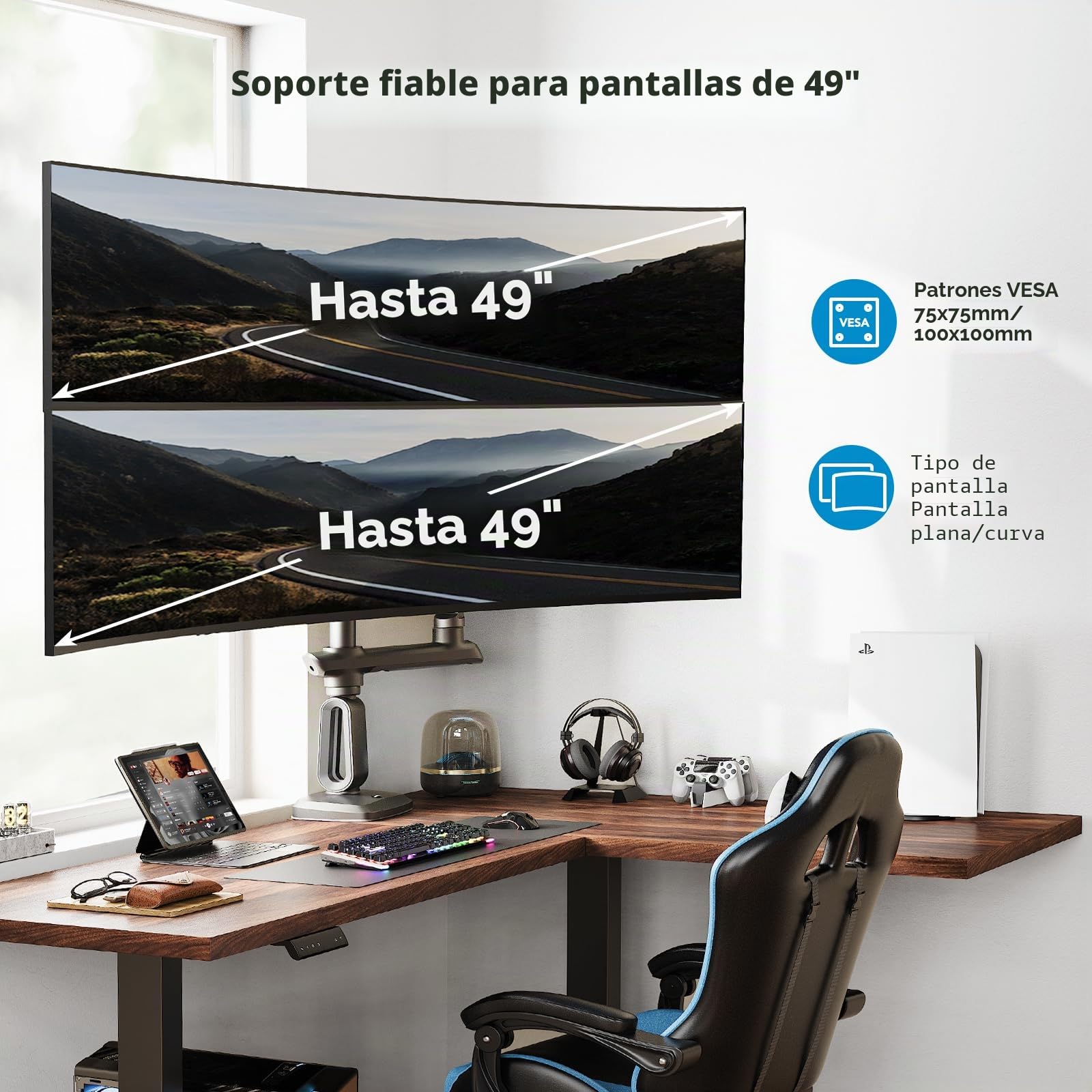 HUANUO Soporte para Dos Monitores para Pantal Ultraanch 13-49”, hasta 18kg, Brazo Monitor Doble Aluminio Resist y Extra Alto, Soporte Monitor Doble Apilado Vert y Total Ajustable, VESA Máx 100x100mm