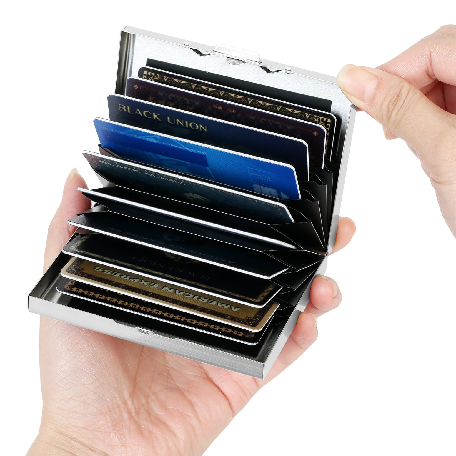 Portfel Etui na Karty Kredytowe z 10 Przegródkami, Minimalistyczny Smukły Metalowy Ochraniacz na Karty Zbliżeniowe RFID dla Mężczyzn i Kobiet. (10 Kart-Srebro)