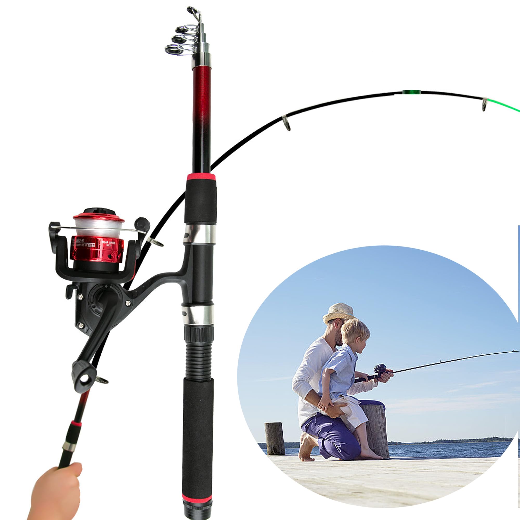 Kids Fishing Rod Starter Set, Teleskopowy Wędkarski Pręt i Spinning Reel Combo Set, 1,8 m Zestaw Słupków Wędkarskich z Linią, Przynęty, Torebka, Diddle-Net, Idealny Prezent Dla Dzieci
