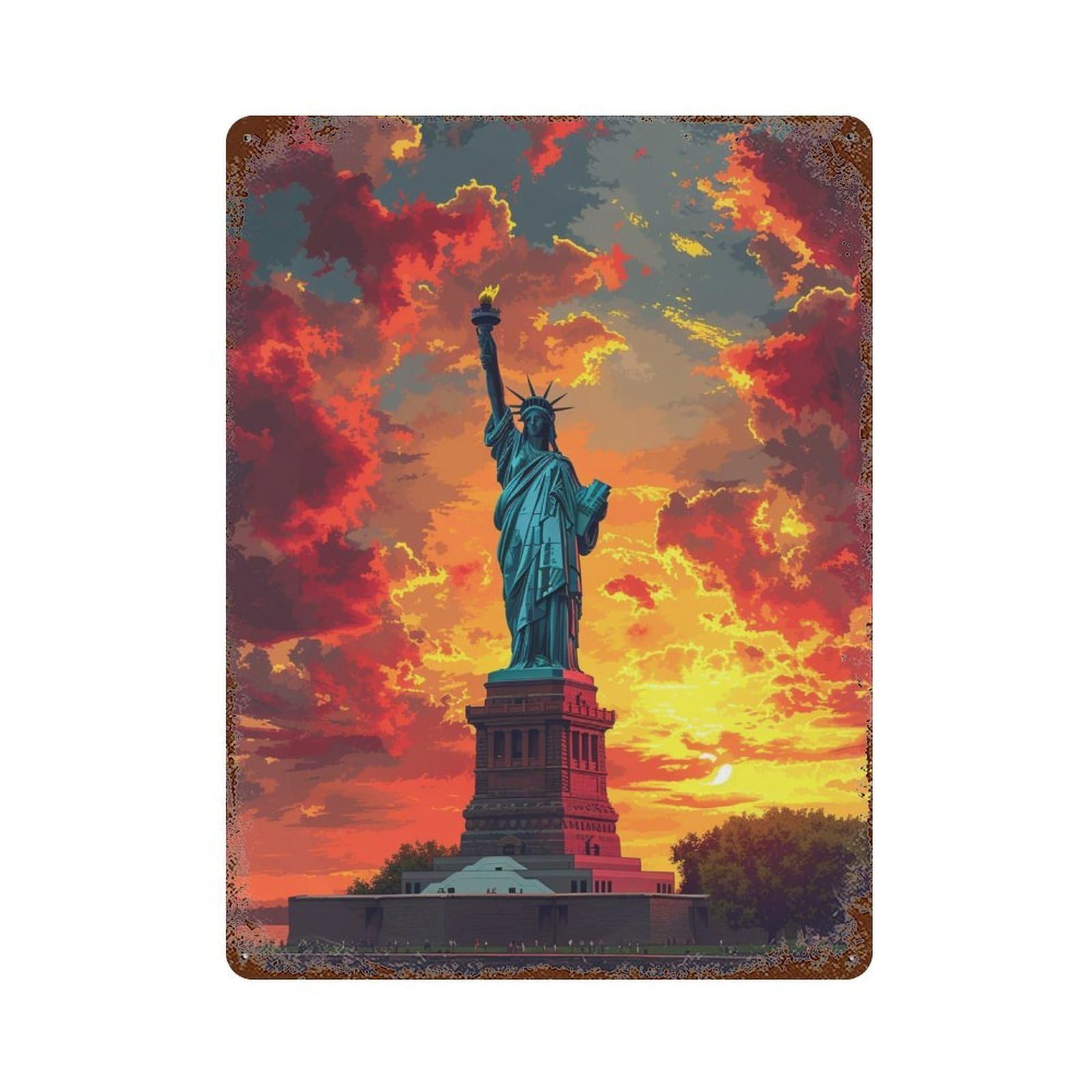 Rust Effect Statue of Liberty Sunset Retro Metal Sign 15.7"x11.8", Novelty Wall Decor for Bistro, Counter And Cafe Decor