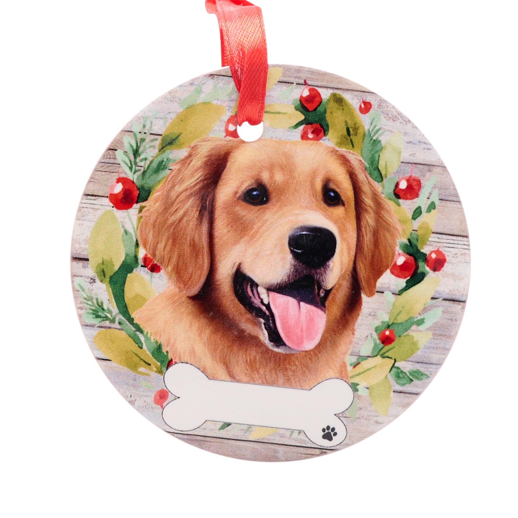 Ceramic Pet hanging Christmas tree decoration or memorial, cute animal image with space to write own name (supplied blank), attached ribbon hanger, 9cm diameter (Golden Retriever)