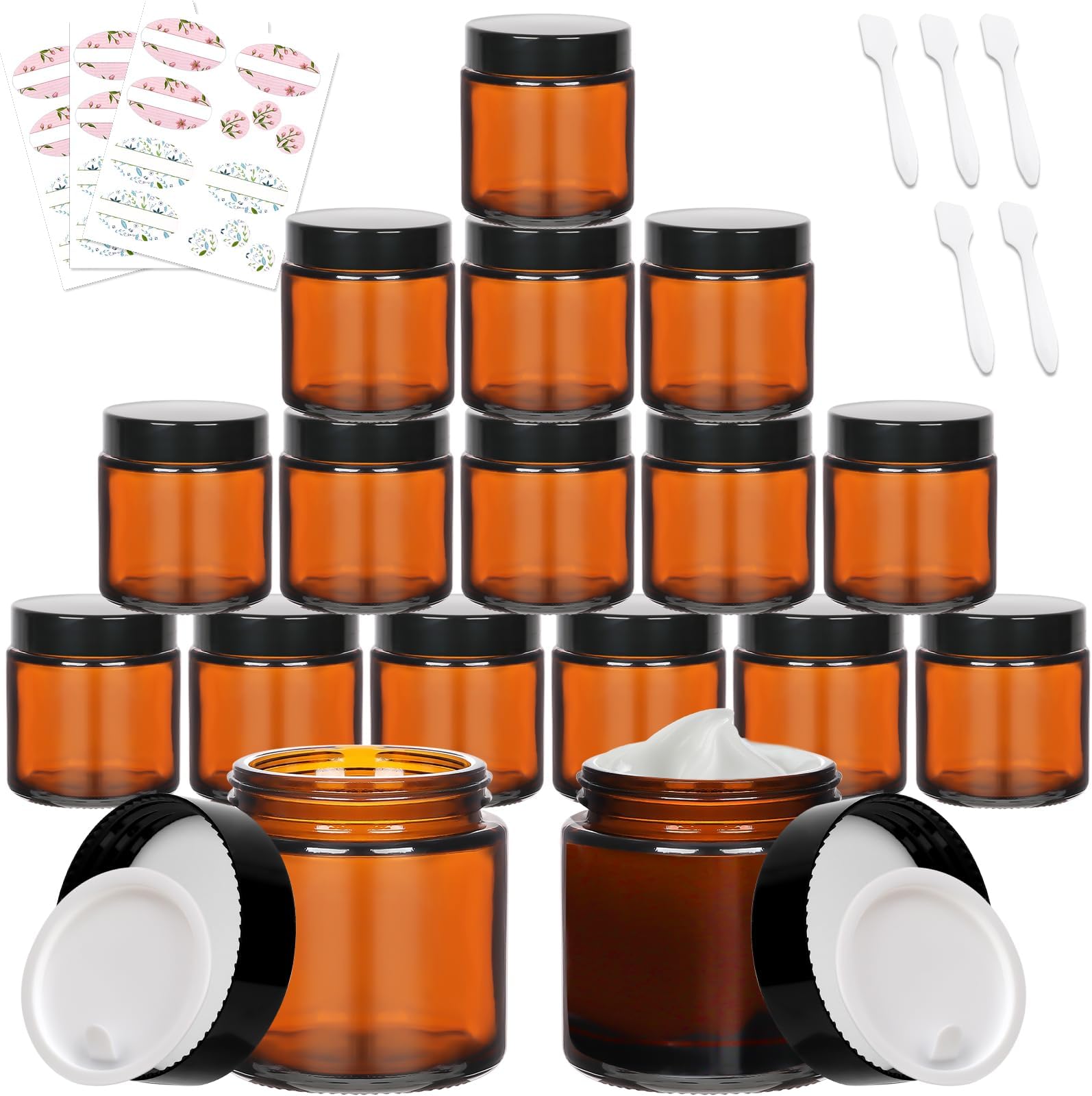 Belle Vous 8 Pack of Round Amber Glass Jars and Black Screw-On Lids ...
