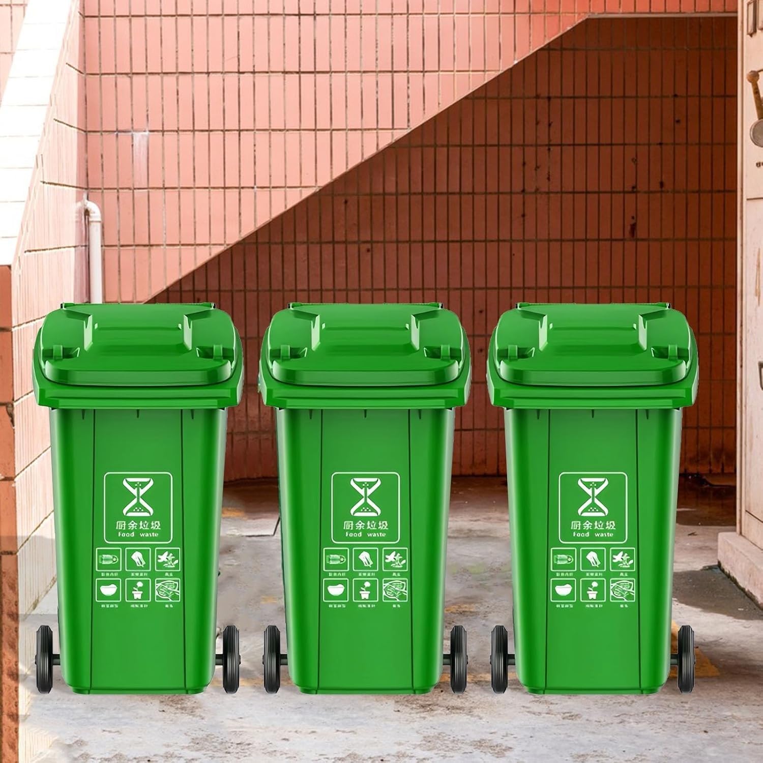 Contenedor de Basura para Exteriores con Ruedas, 120 l, 140 l, Industrial, móvil, Resistente, Grande, con Tapa, Comercial, para Porche, Patio, terraza (Verde, 100 l)