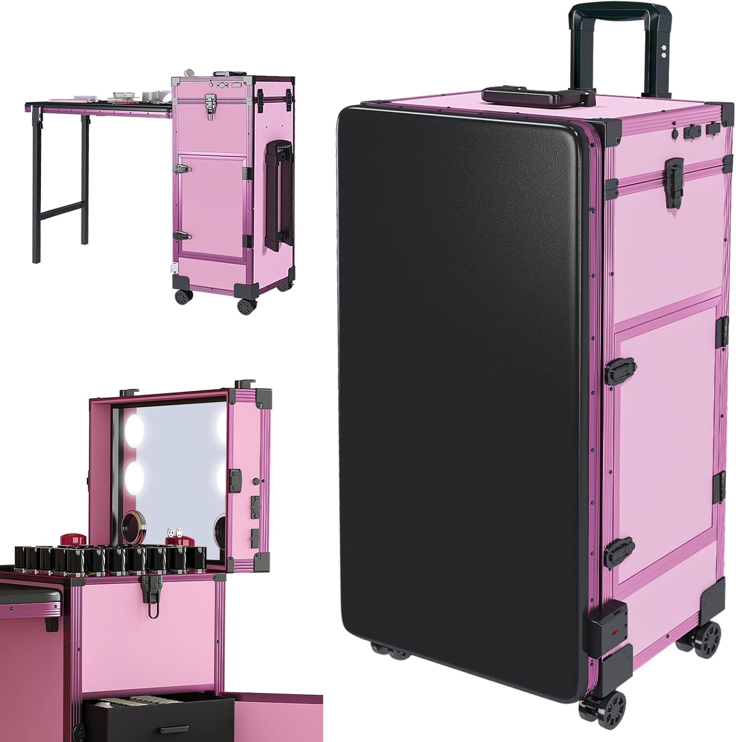 Vantic Rolling Portable Manicure Table with 3 Drawers, Rolling Manicure Table Case with LED Mirror and Bluetooth Speaker, Foldable Nail Desk with Telescopic Handle on Wheels, Pink