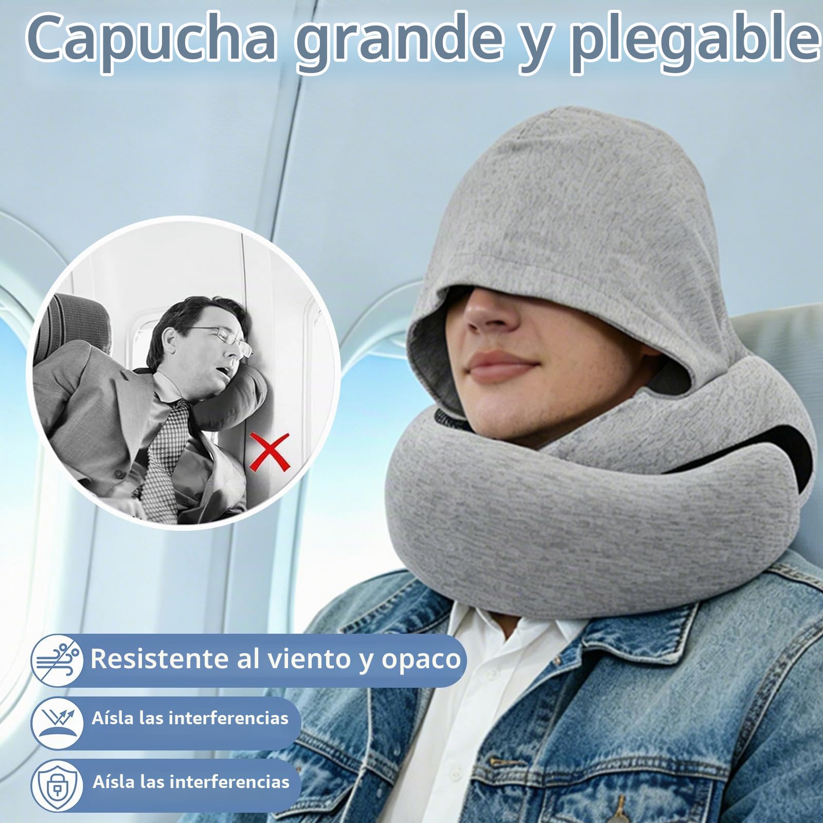 Cojín De Viaje Compactable con Capucha Cortaviento, Soporte 360° Integral | Funda Desmontable, Espuma Viscoelástica, Ajustable Velcro, Tela Transpirable, Set Completo Con Bolsa De Almacenamiento