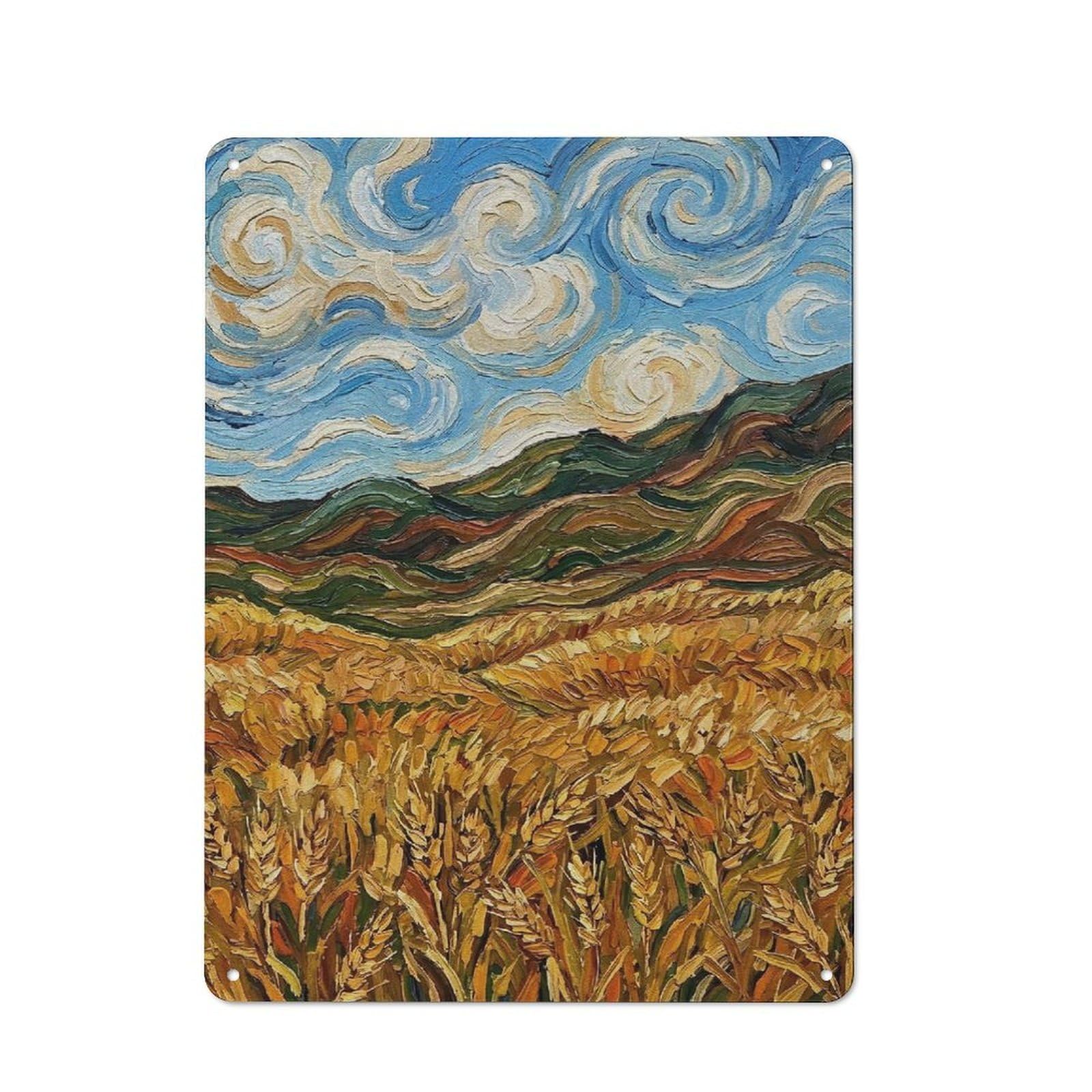 Junmoney Style-8 Urban Wheat Field Under Swirling Sky Decorative Metal Plaque 40X30cm, Urban Room Decor For Flat, Bar, Studio Or Gallery Wall