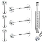 20G 3 Pairs Moissanite & Titanium Flat back Earrings, Threadless Labret Stud for Women, Tragus Cartilage Nose Piercing Jewelry, Hypoallergenic Body Earrings