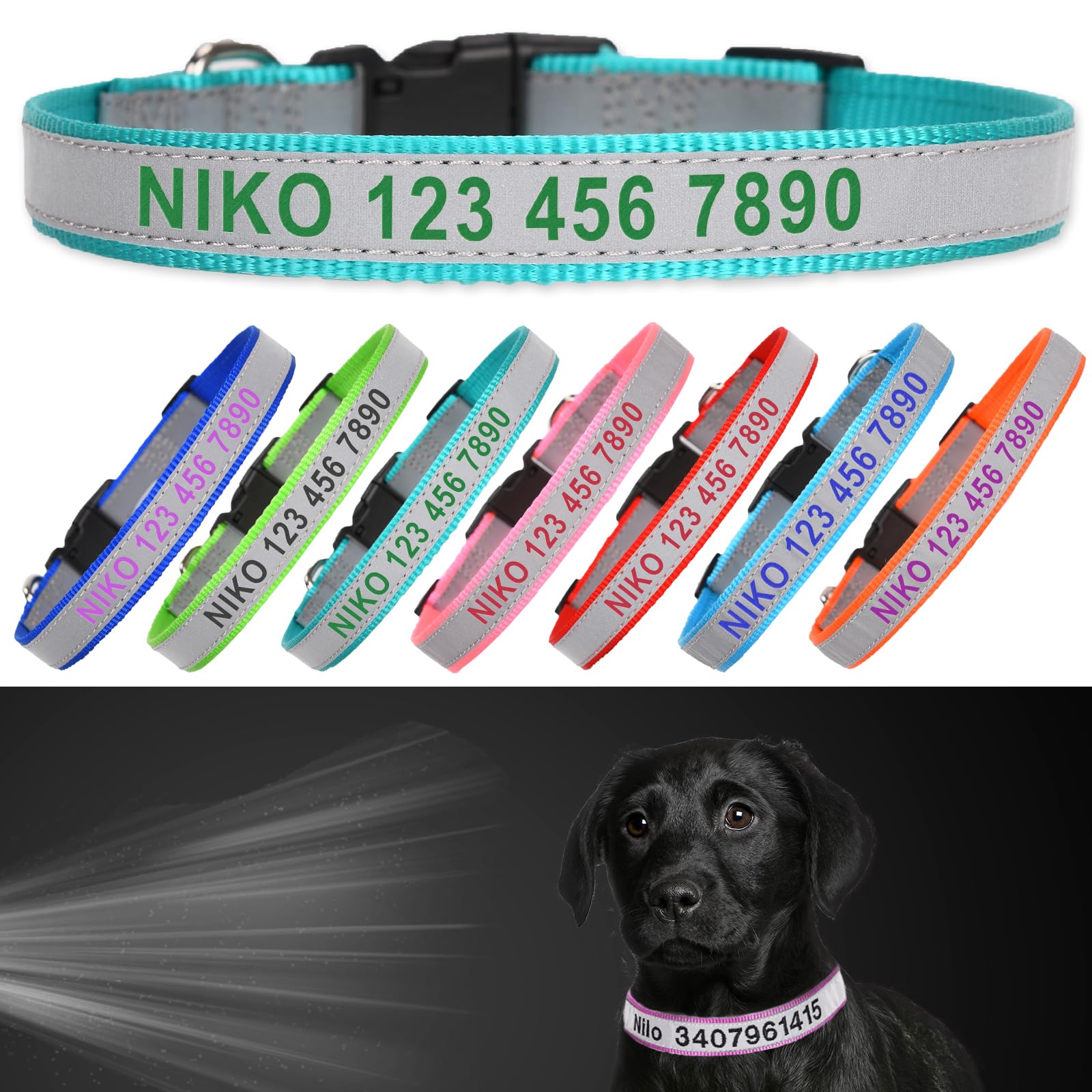 Reflective Personalized Dog Collar - Custom Embroidered Pet Name and Phone Number with Adjustable Nylon Buckle Collars in 5 Sizes XS to XL for Boy and Girl Dogs,Puppy,Teal