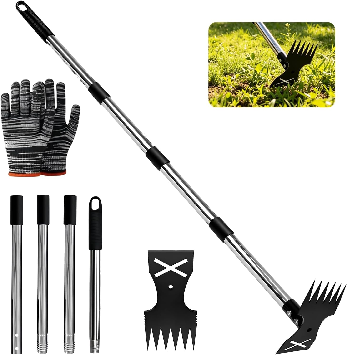 Weed Puller Tool - 148 cm Long Handle 2-in-1 Weed Remover Hoe Rake