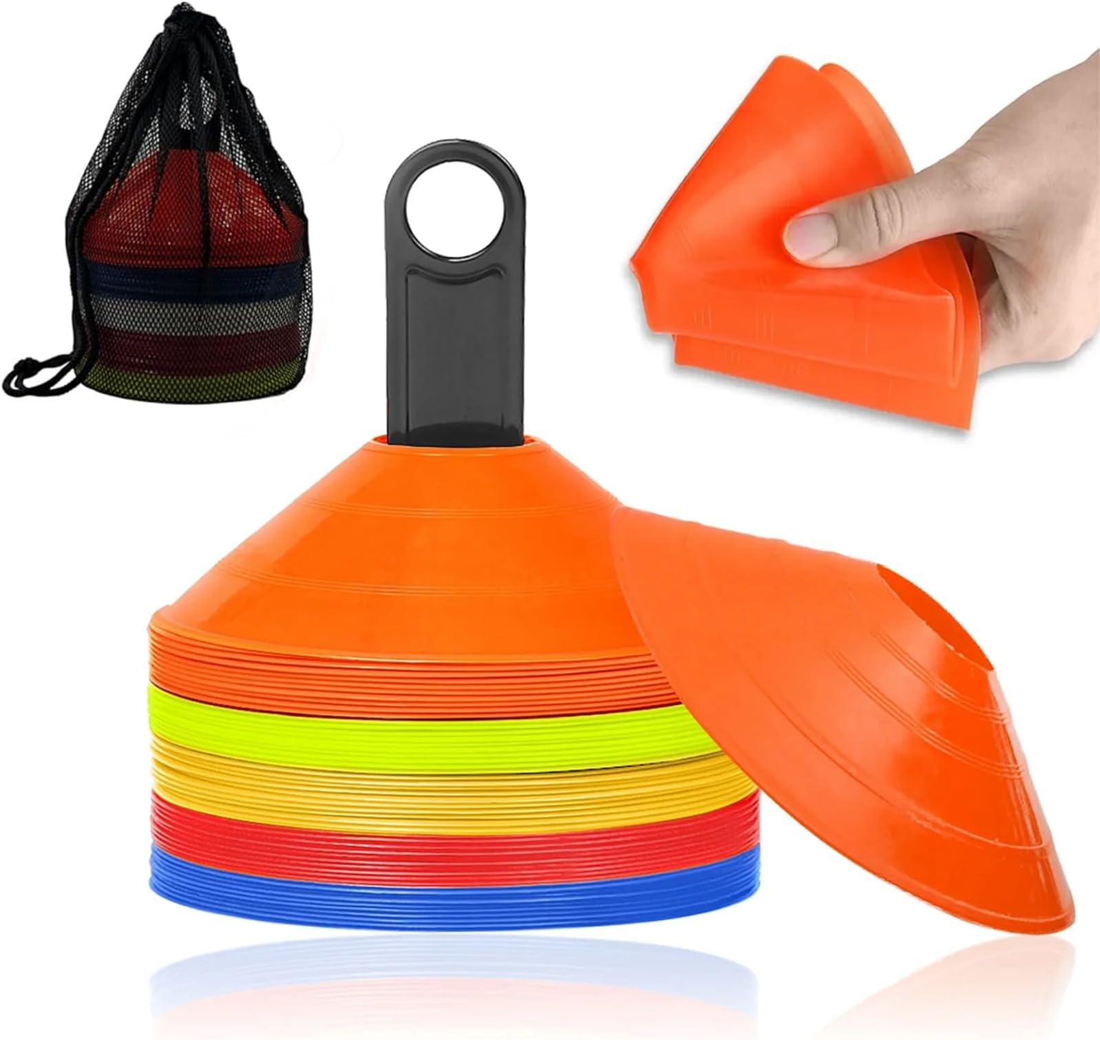 ND Sports Training Disc Cones 25/50 Multi-Colour | Football Soccer Speed & Agility Space Markers | Flexible PVC | Stackable Portable with Carry Bag